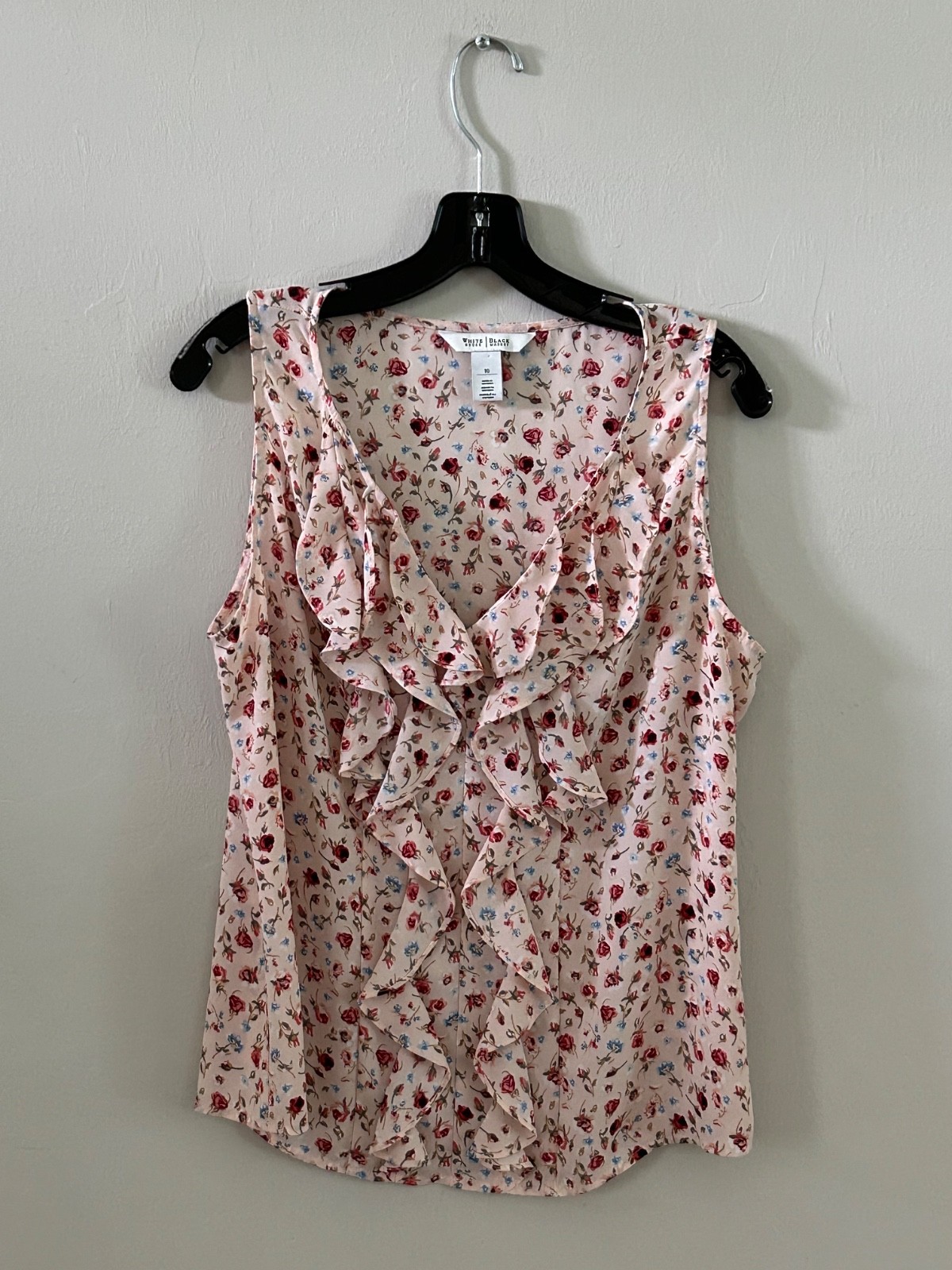 White House Black Market Women’s Sz 10 Pink Floral Cascading Ruffles V Neckline