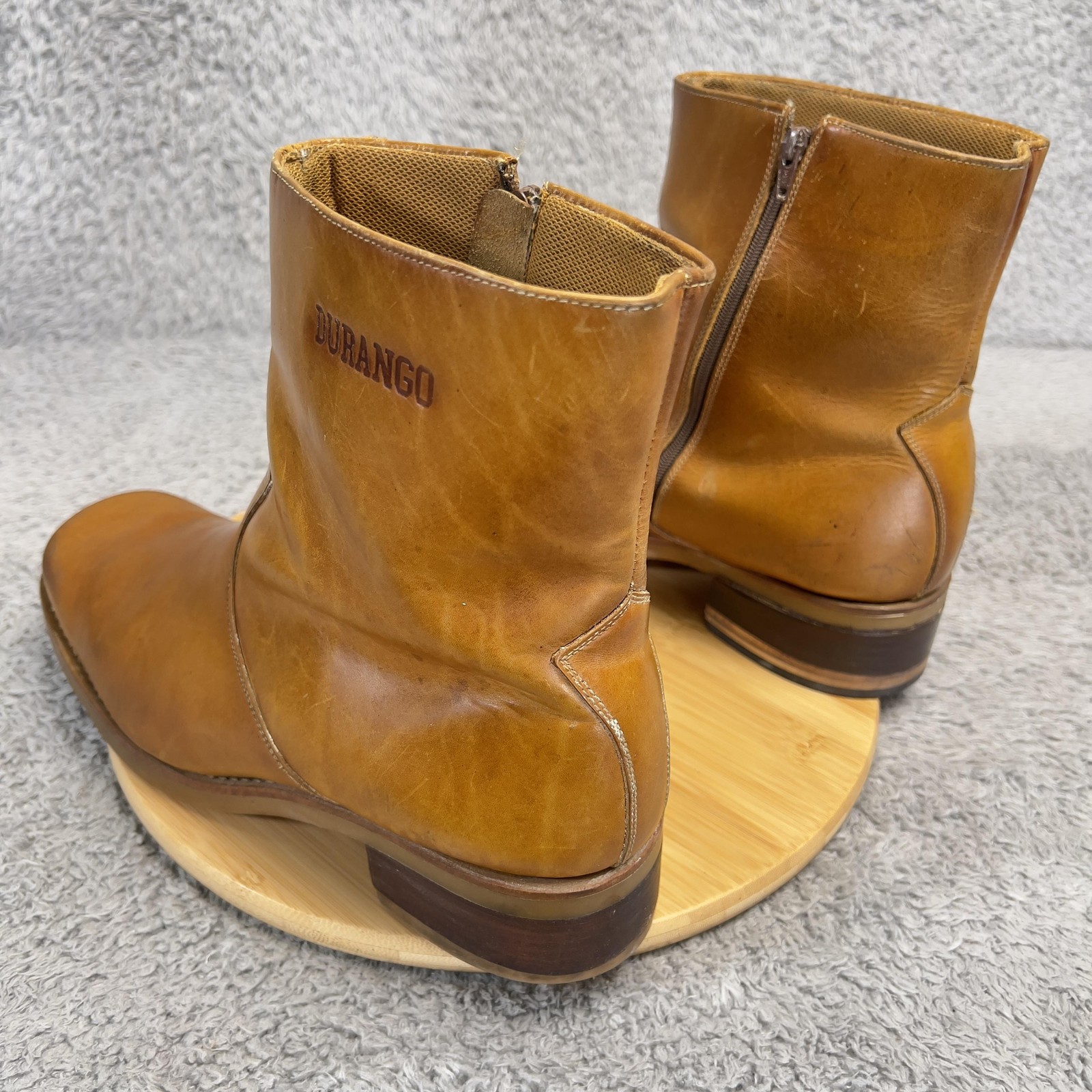 Vintage Durango Boots Mens 13 D Tan Oil Leather Side Zip Square Toe Brazil 25608