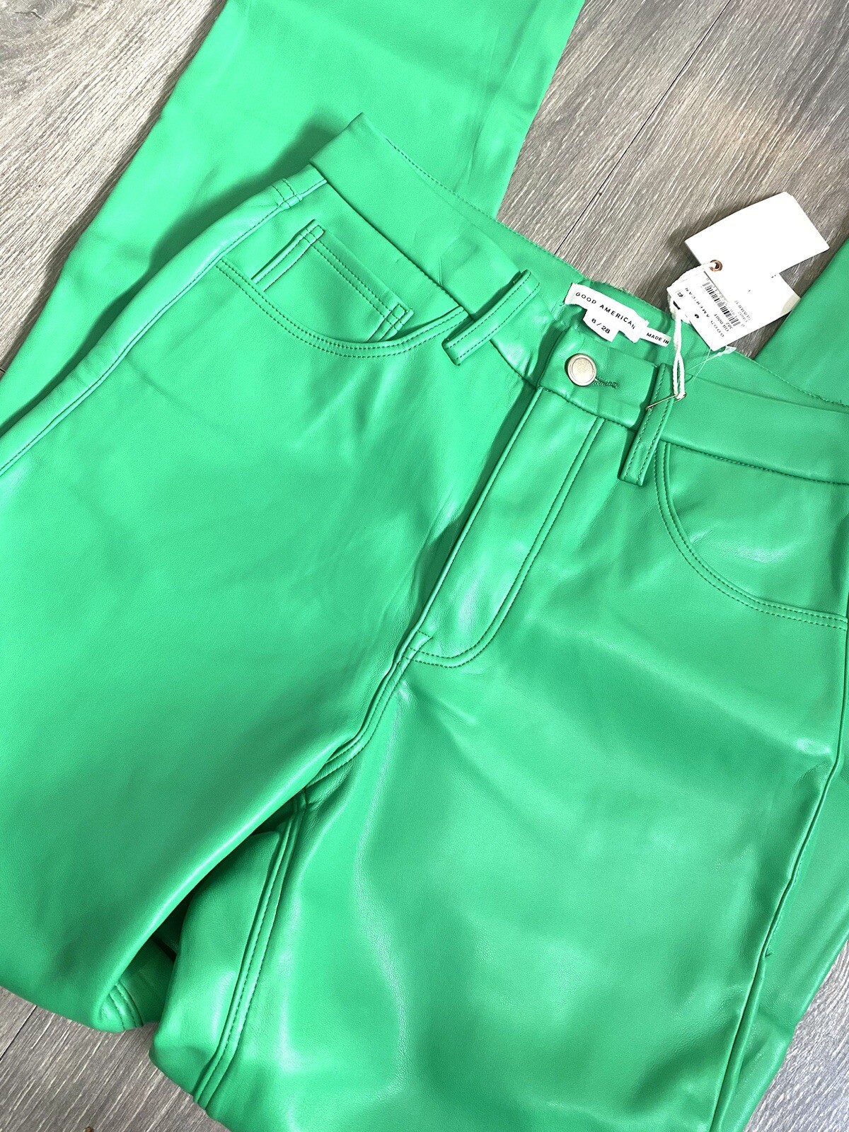 🥝 NWT GOOD AMERICAN FAUX LEATHER SUMMER GREEN PANTS GOOD ICON THICK SIZE 6 / 28