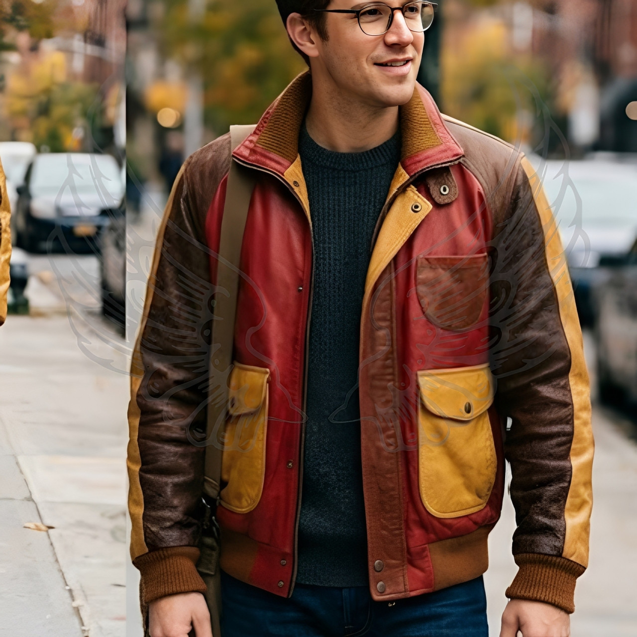 Men’s Premium Sheepskin Leather Bomber Jacket – Contrast Red Brown Yellow