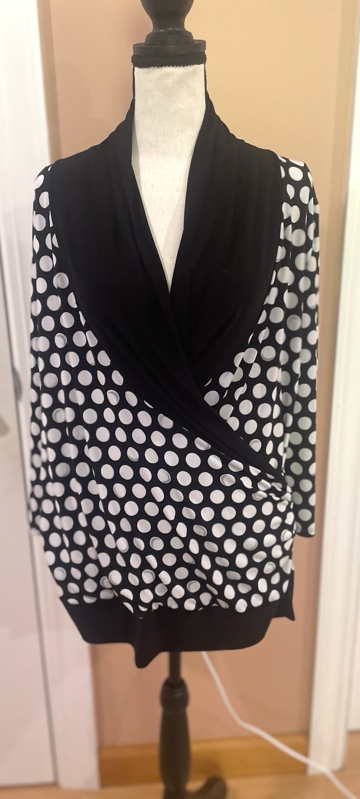 Maurices Black & White Polka Dot Cowl Neck Faux Wrap Long Sleeve Blouse – XL