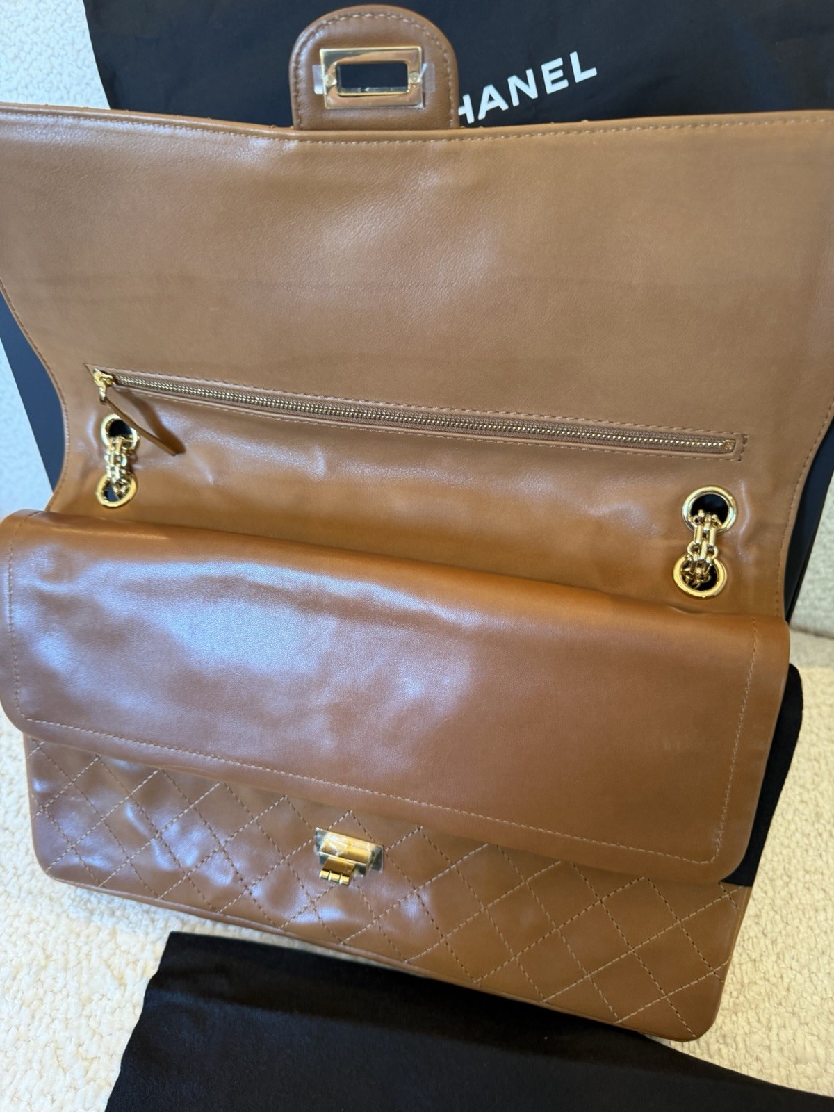 CHANEL Brown Quilted Flap Shoulder Bag Turn Lock Gold Chain Medium w/Box