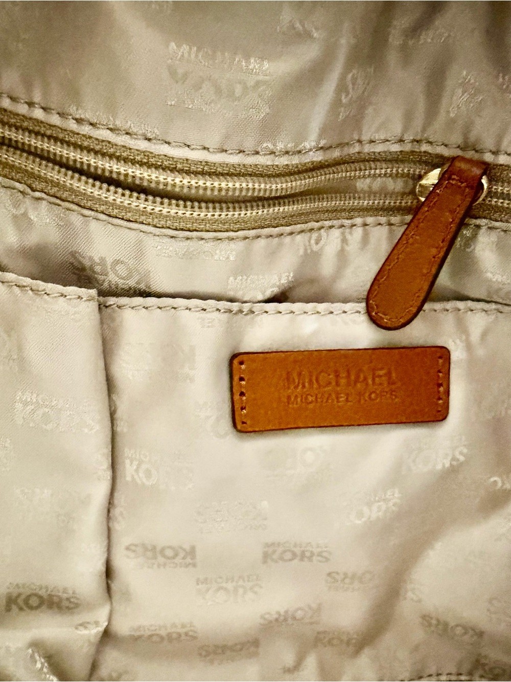 Michael Kors Marina Navy Canvas Tote Tan Leather Trim and Beige Drawstring NWOT
