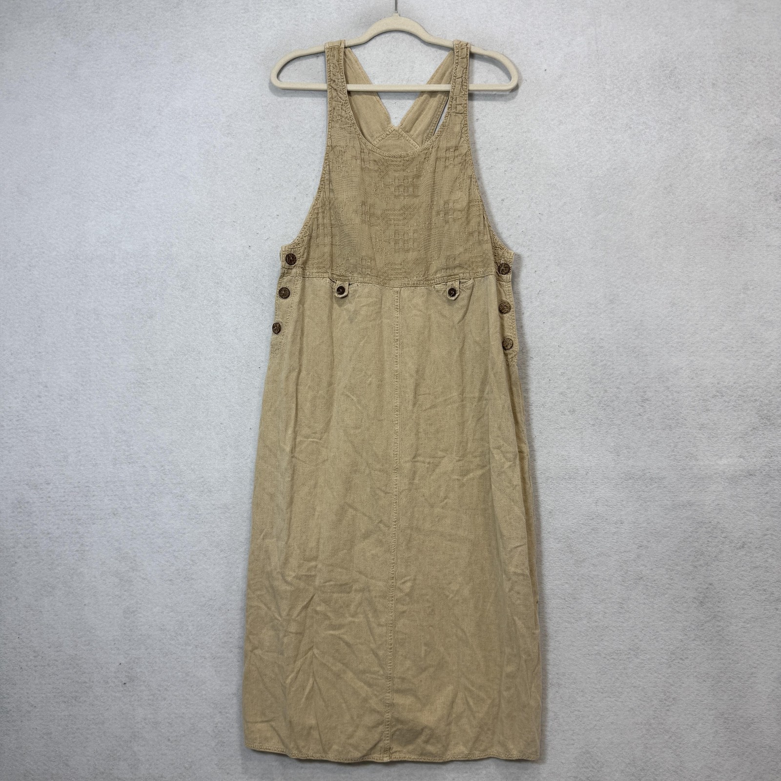 Nina Piccalino Overall Dress Womens Large Beige Square Neck Button Pockets Midi