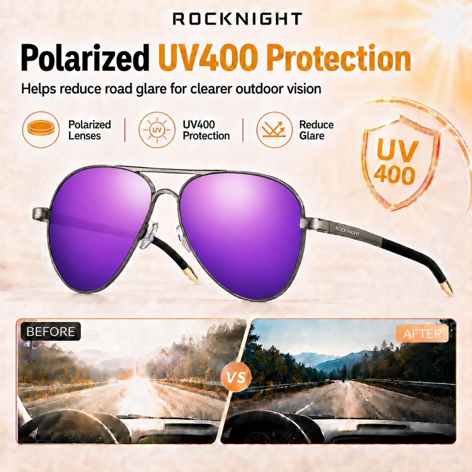 ROCKNIGHT Polarized Aviator Sunglasses UV400 Metal Frame Purple