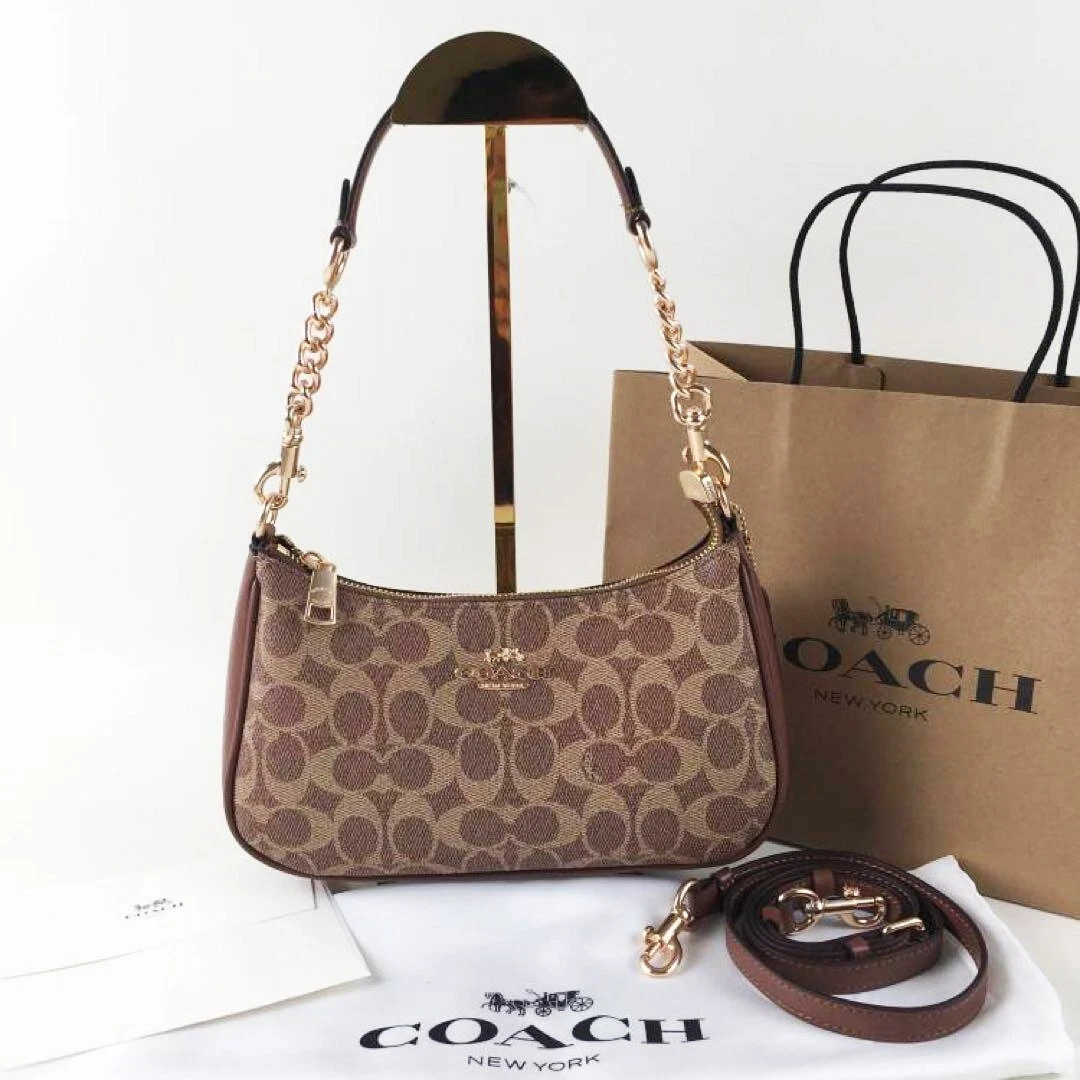 NWT Coach CV933 Teri Shoulder Bag In Signature Canvas Brown New Free Shipping