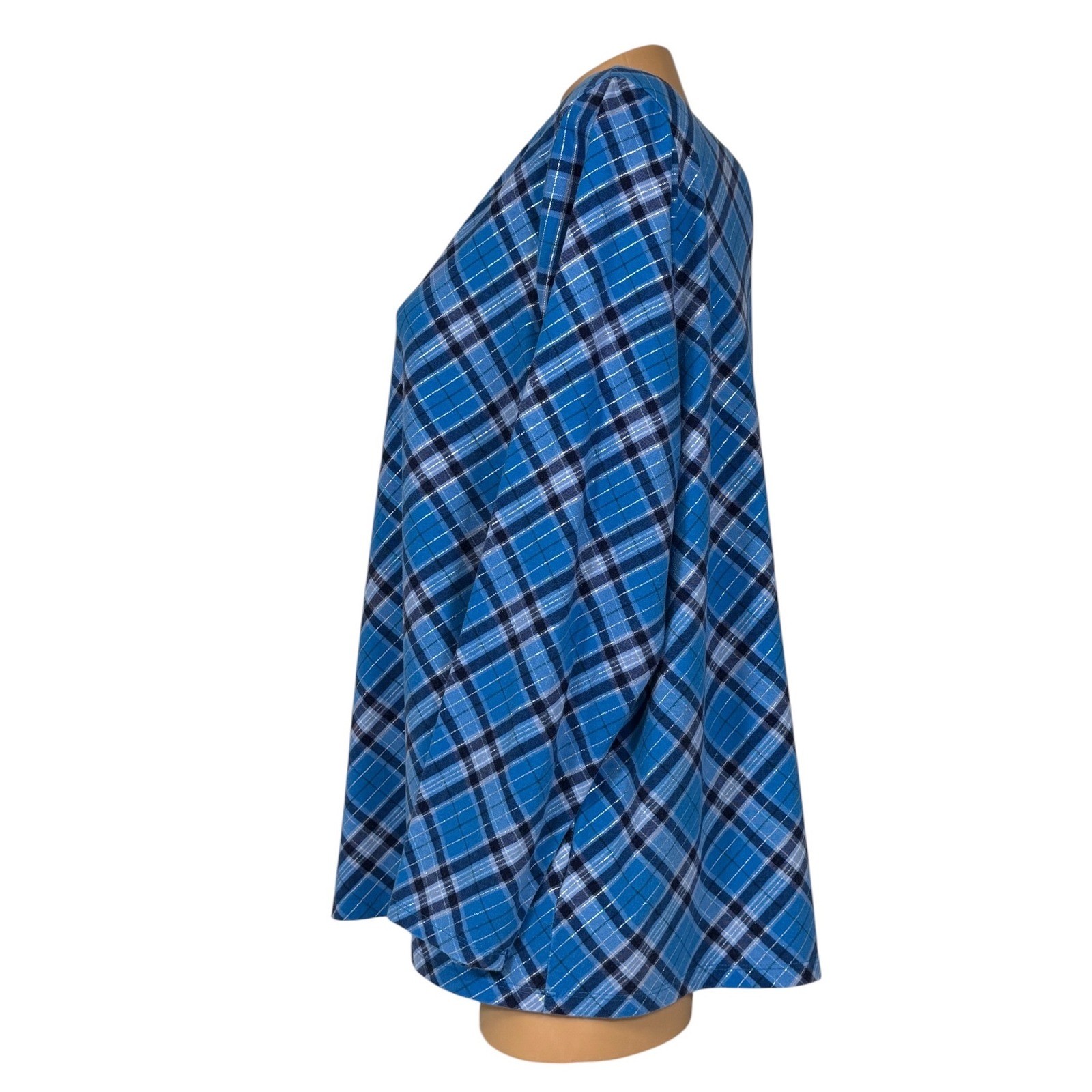 Talbots Blue Plaid Metallic Long Sleeve Tee Shirt Womens Plus 2X Cotton Stretch