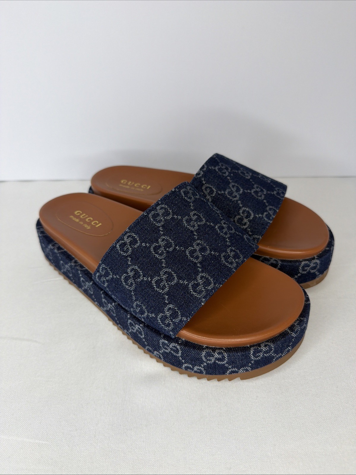 GUCCI Denim GG Monogram Angelina Platform Denim Sandals Size EU 40 US 10~NO BOX