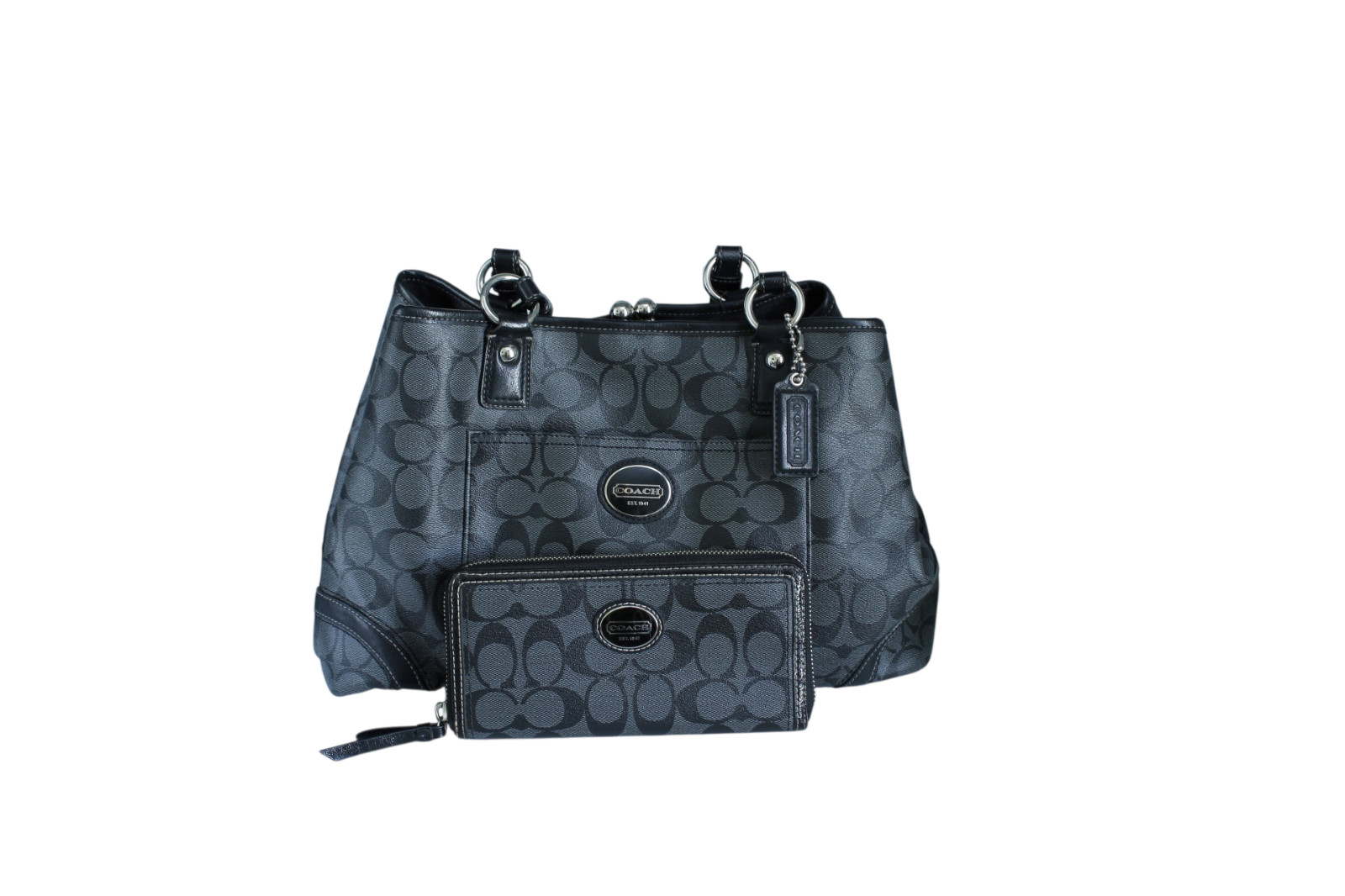 Coach Heritage Peyton Signature Tote Bag & Matching Wallet – Black/Gray Jacquard