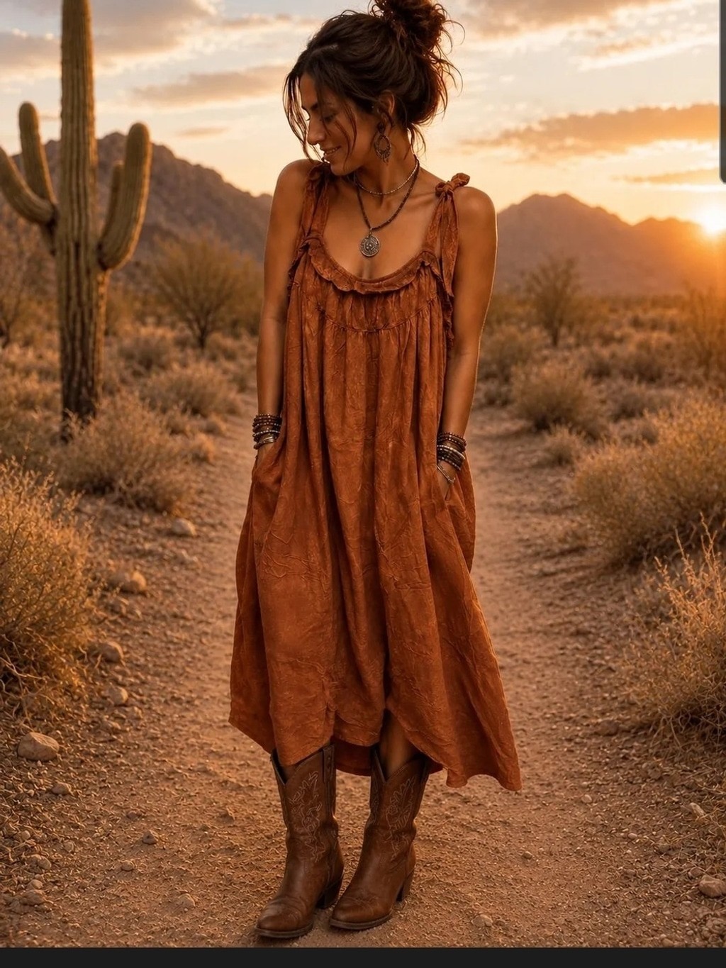 New A Rare Bird Boho Tie-Shoulder Maxi Dress in Rust