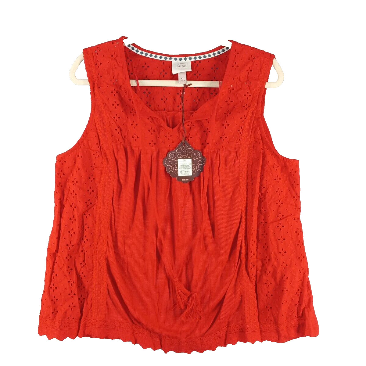 NWT Knox Rose Summer Top Rebel Red Eyelet Lace Rib Knit Boho Tassel Detail