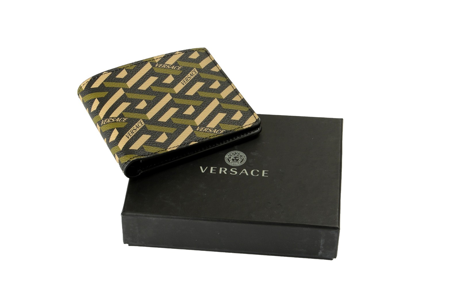 Versace Coated Canvas & Leather Monogram Bifold Wallet
