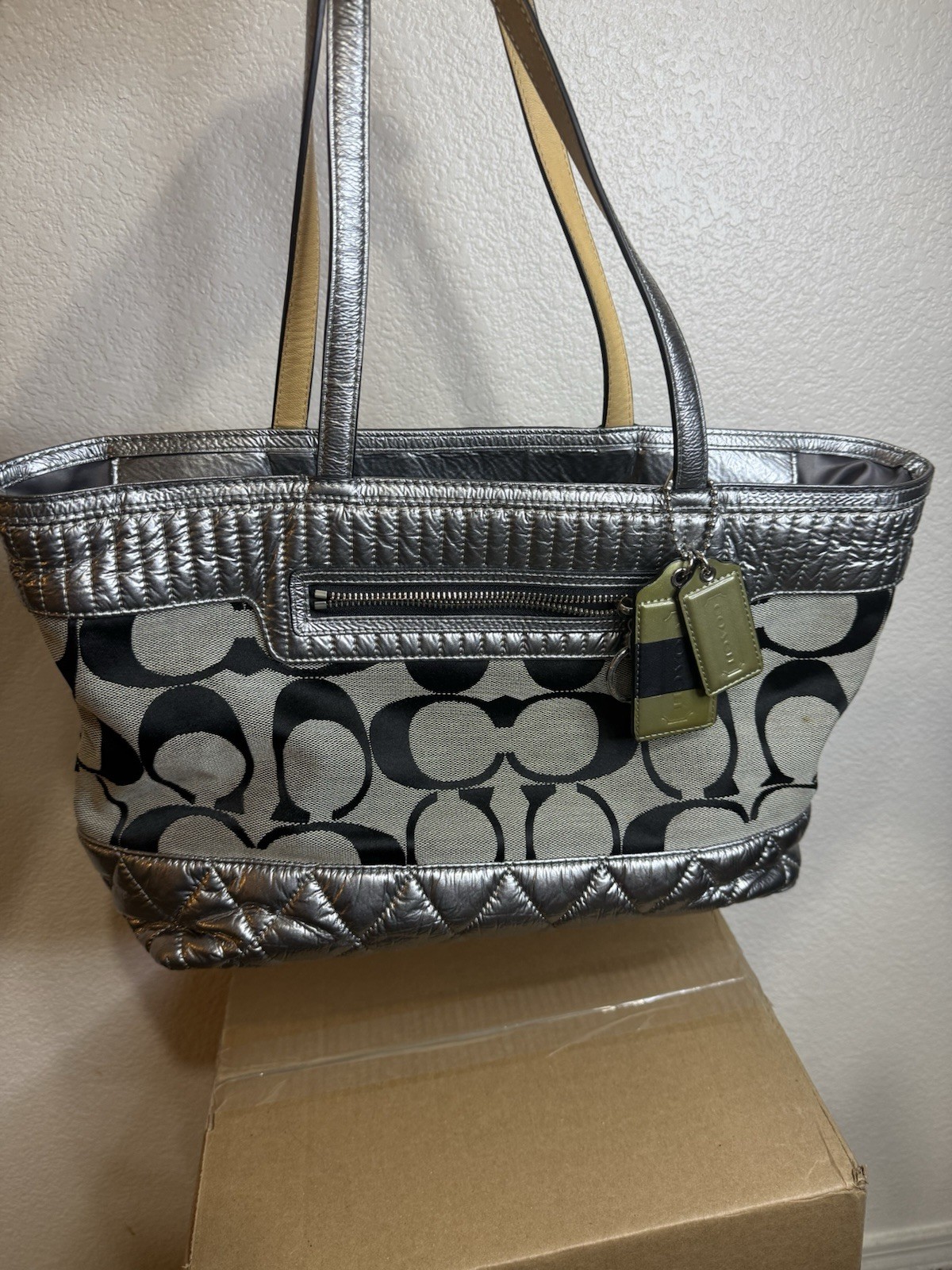 Coach Signature 18676 Poppy Quilted Metallic Tote Shoulder Handbag Purse Silver