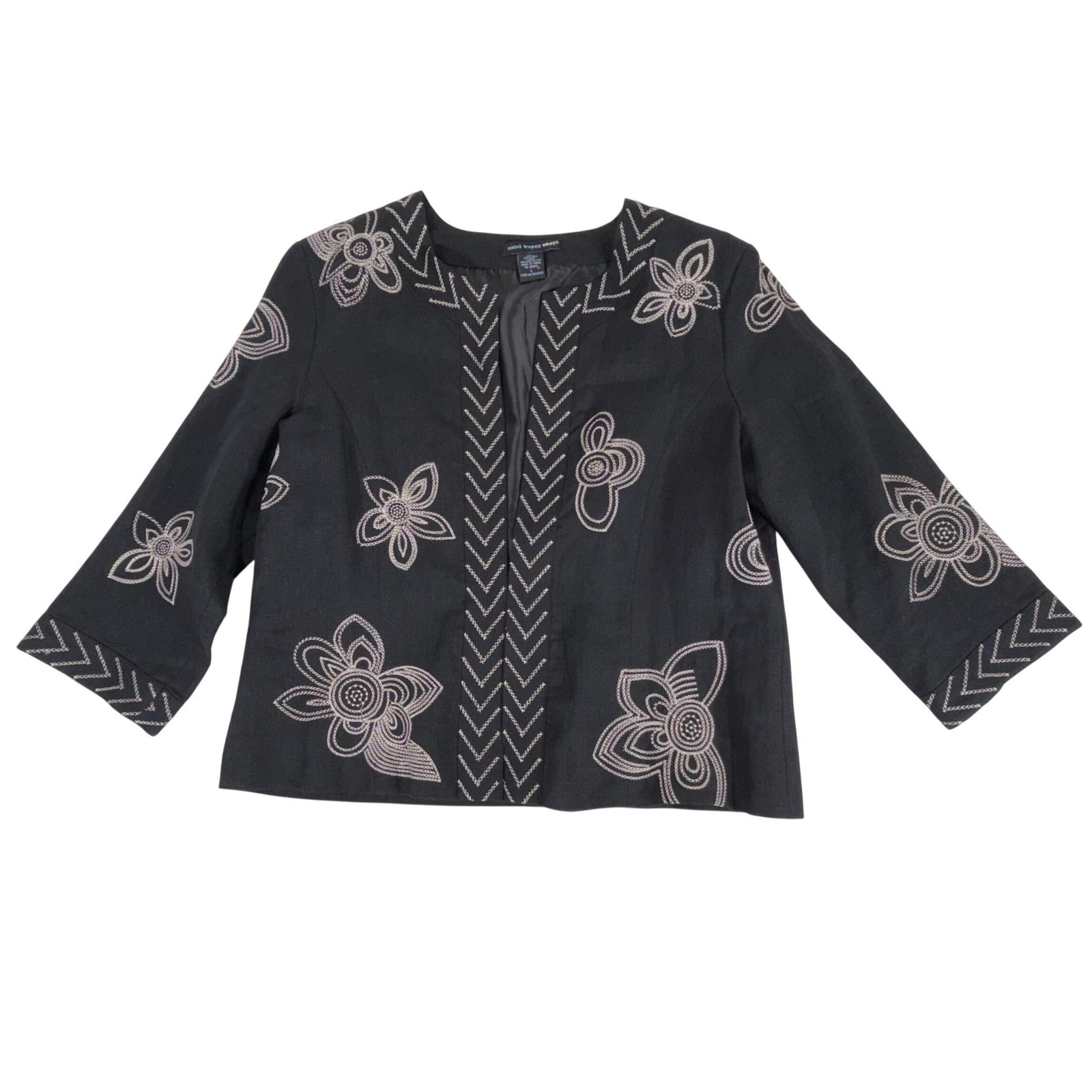 Saint Tropez West Linen Blazer Jacket Large Black Floral Embroidered Hook & Eye