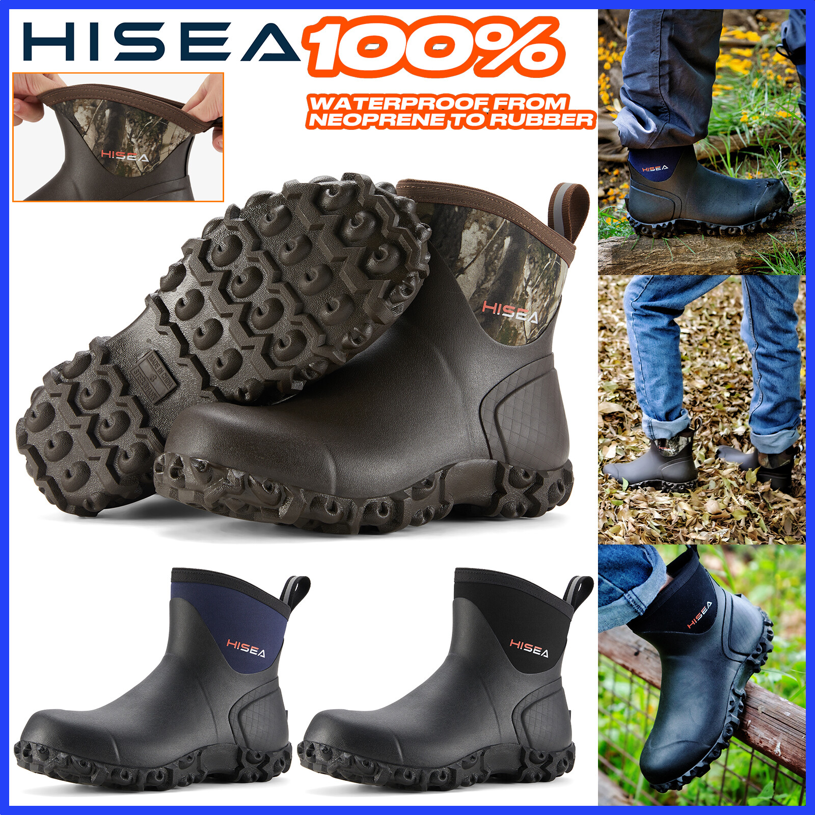 HISEA Men Ankle Rain Boots Neoprene Rubber Waterproof Non-Slip Outdoor Work Boot