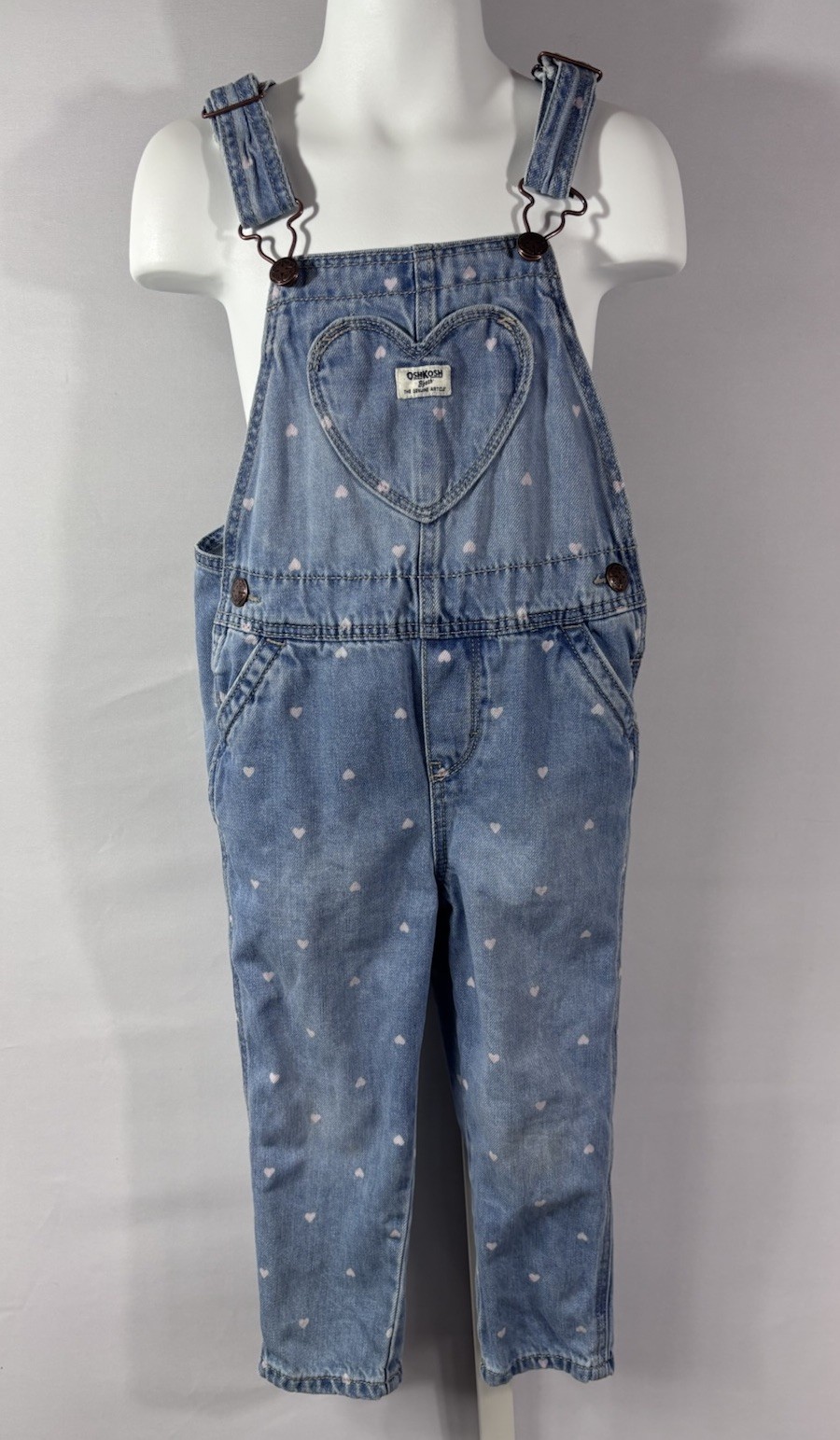 OshKosh B’Gosh Toddler Girl’s Denim Overalls w/ Pink Hearts Vestback Size 3T