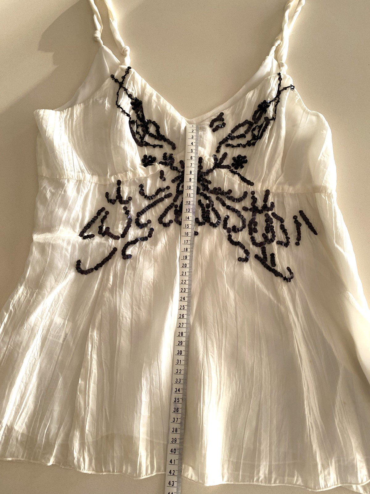MAX & DG Italy White Silk cami top Black sequin Spaghetti Petite 160/84A NWOT