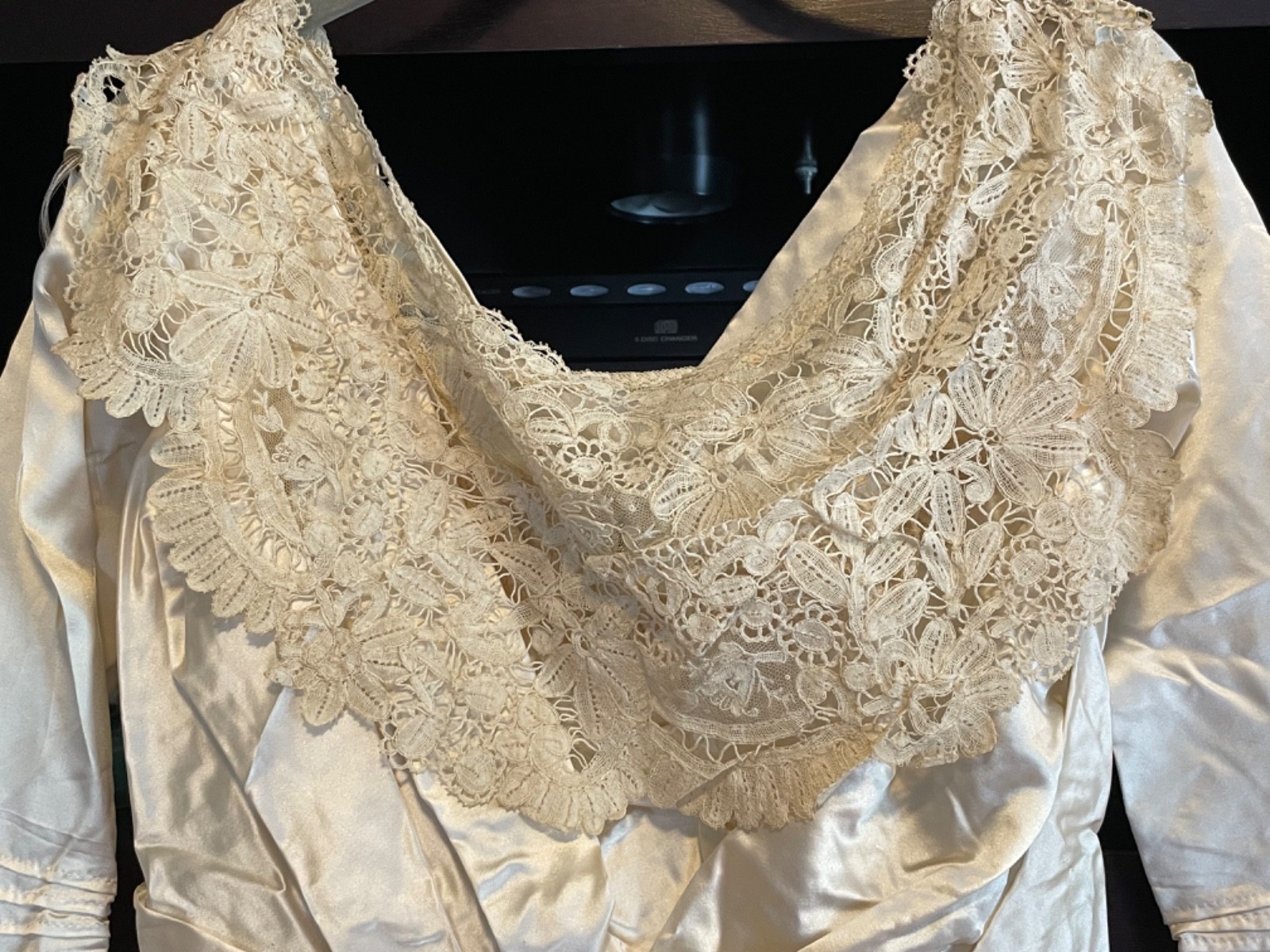 Antique Victorian Edwardian c 1900 Ivory Satin Handmade Wedding Dress w/ Lace