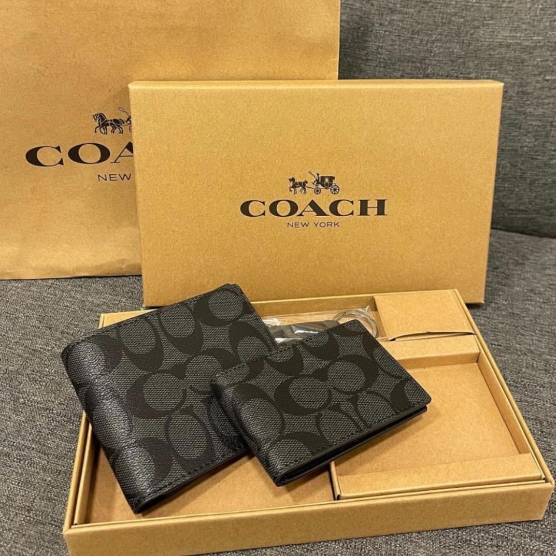 Coach 3 In 1 Signature Leather Men’s Wallet F74993 Charcoal Black New Outlet