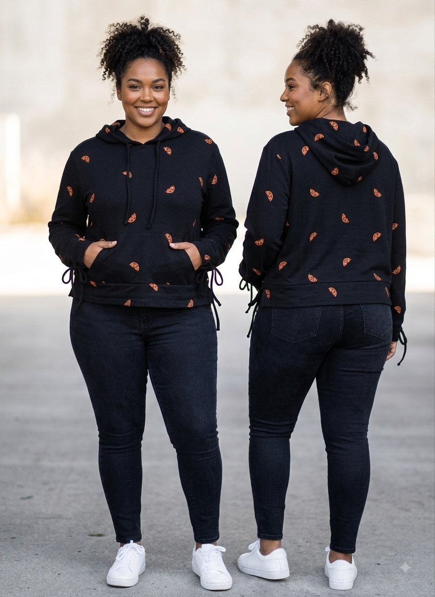 NWT Double Jinx Embroidered Grapefruit Hoodie Women’s 1XL Black Orange Drawstrin