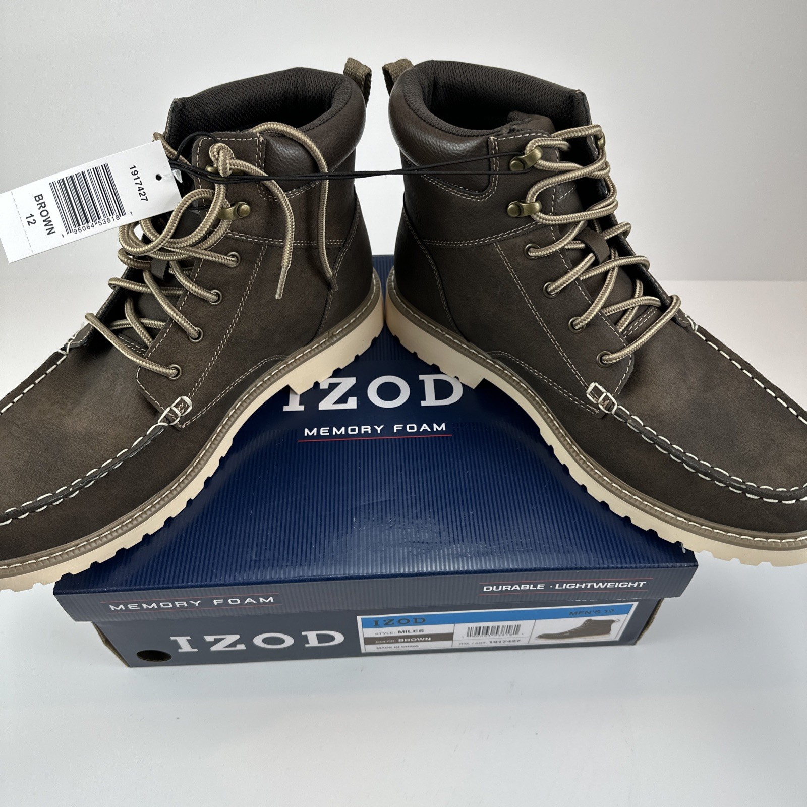 Izod Men’s Boots Miles Brown Size 12 Lace Up Memory Foam Comfort New NIB