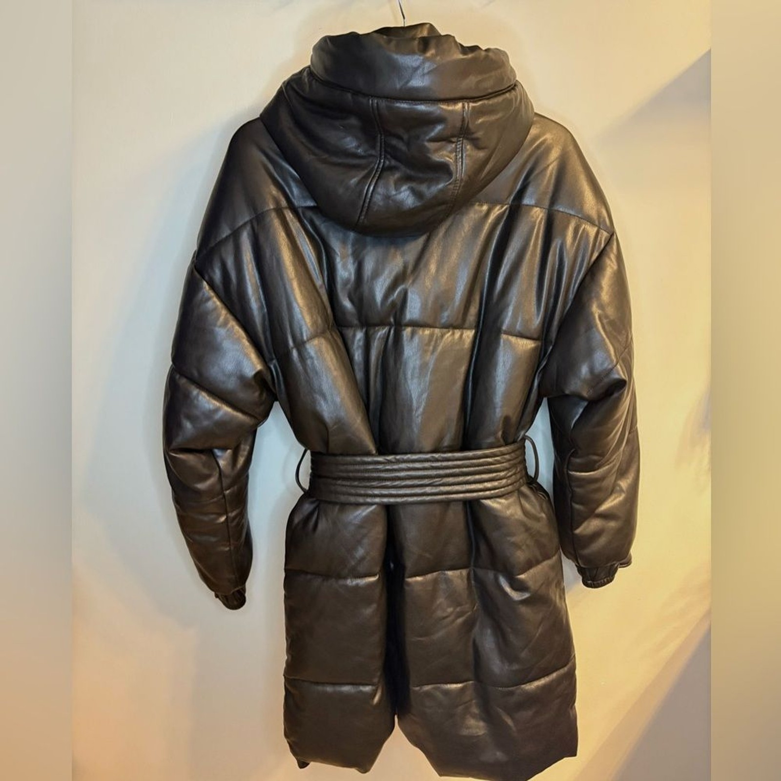 Warm Puffy Belted Black Coat Removable Hood Snap and Zipper Closures Size S