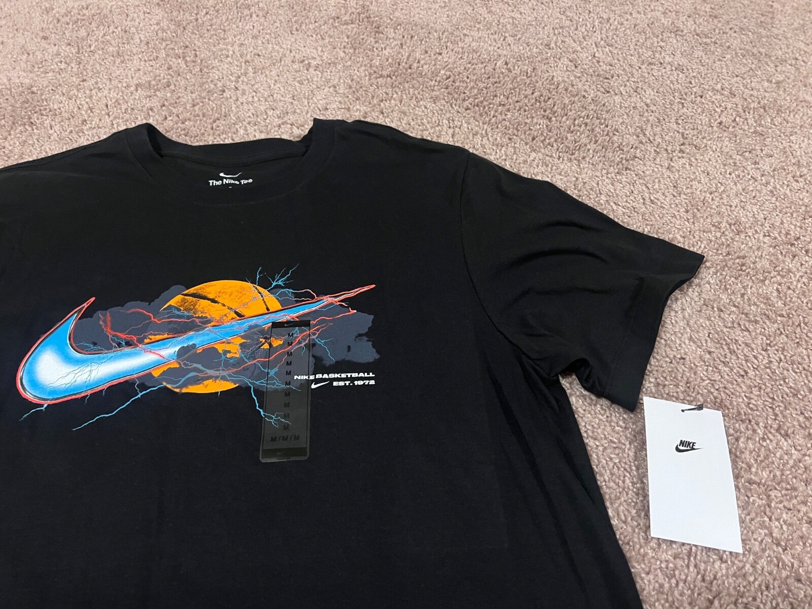 Nike black blue retro swoosh cloudy stormy night lightning basketball t shirt XL