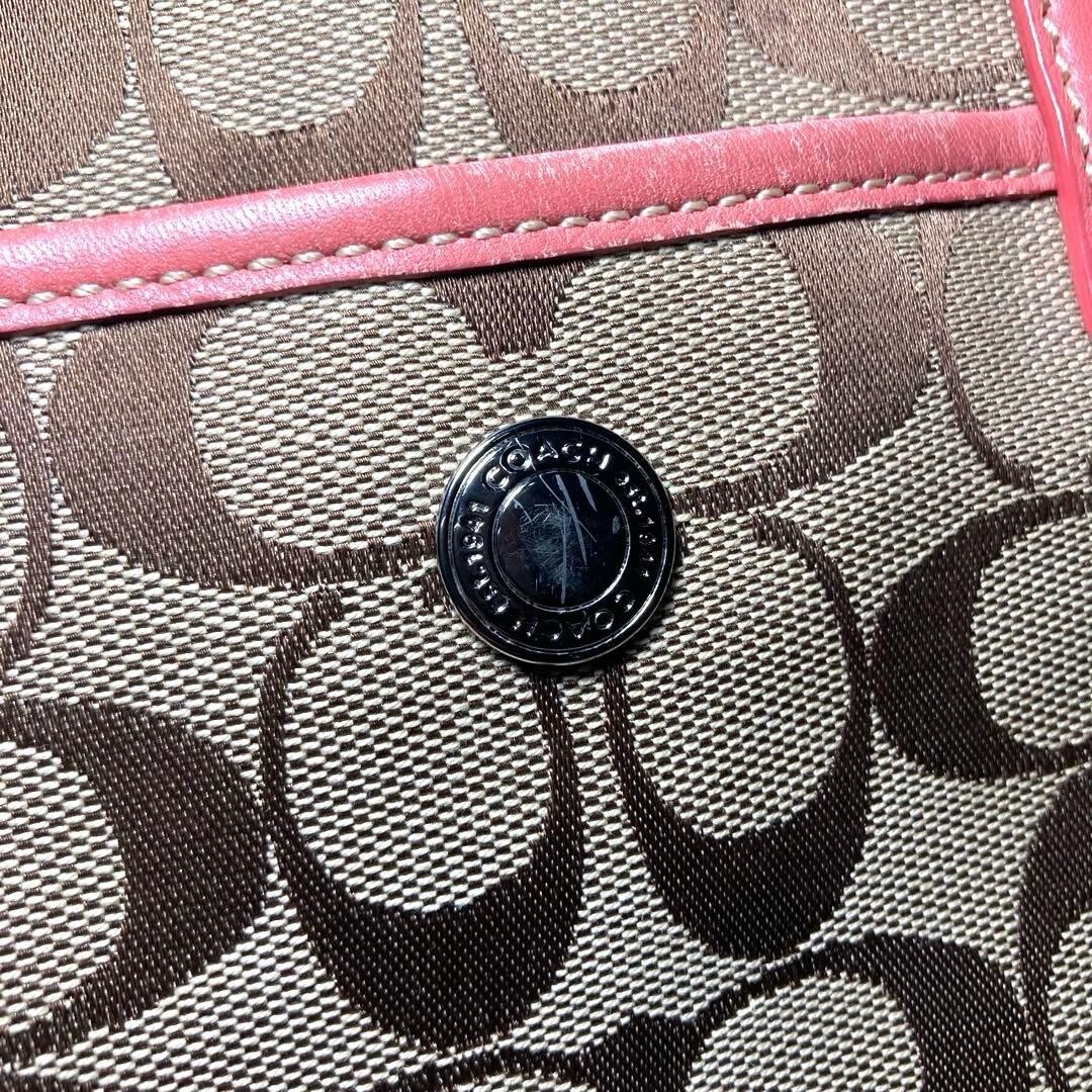 COACH Pink Brown Canvas Leather Tote Bag Logo Inner Pockets 11.8×12.6 in