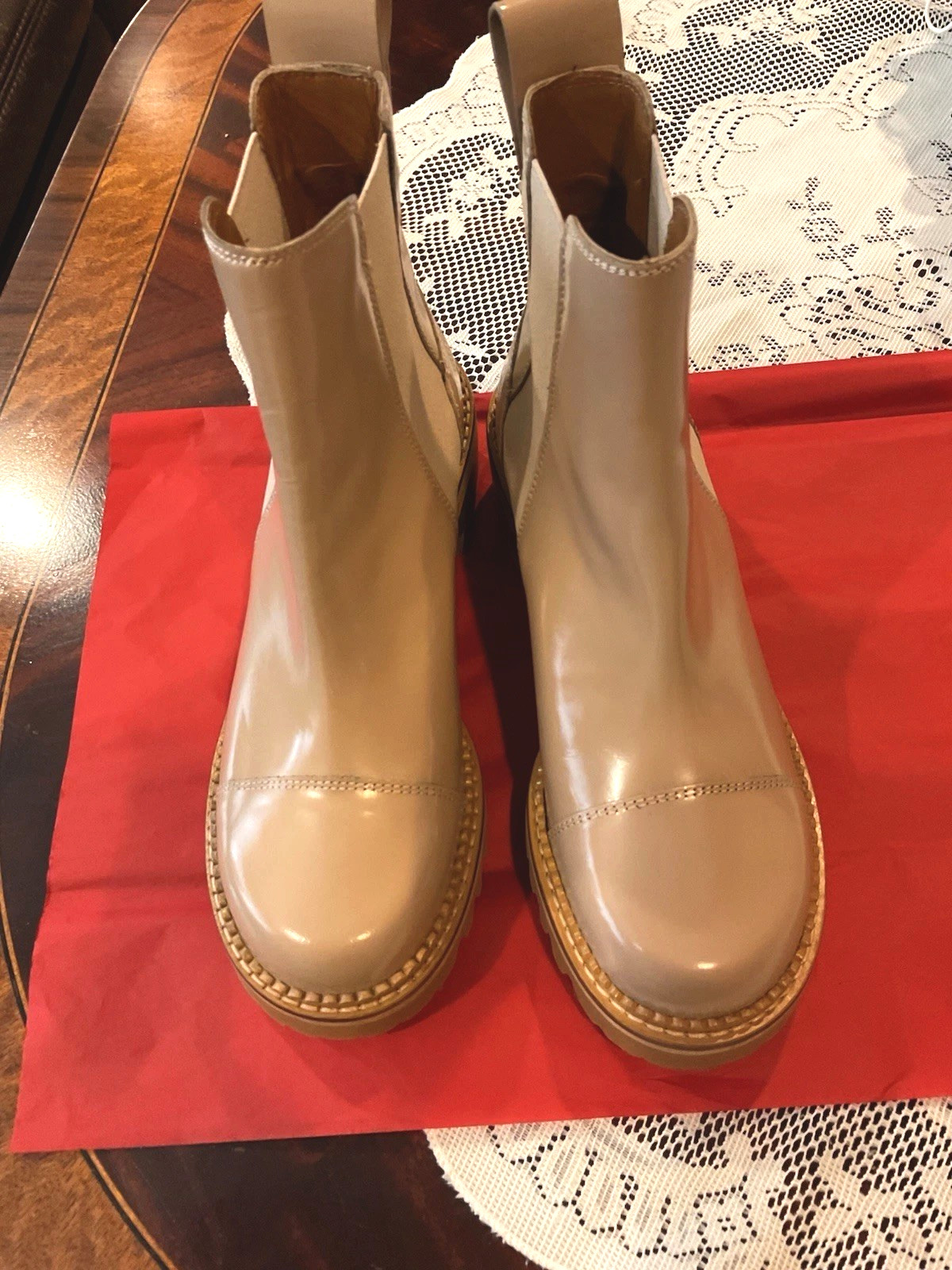 See by Chloe women beige leather ankle boot (38) lug sole round toe 2.25 in heel
