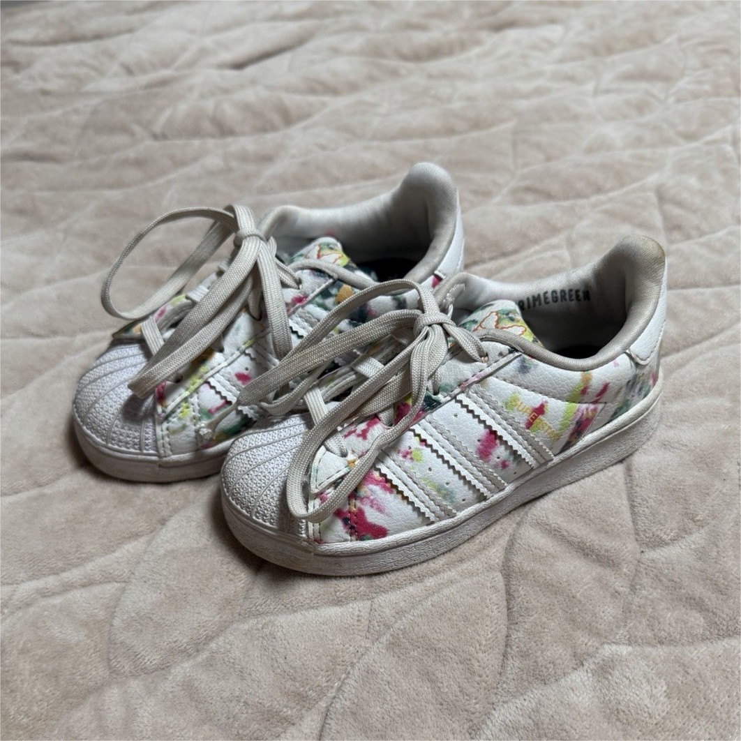 Adidas Superstar Watercolor Unisex Kids White/Multi Leather Lace-Up Sneakers 7