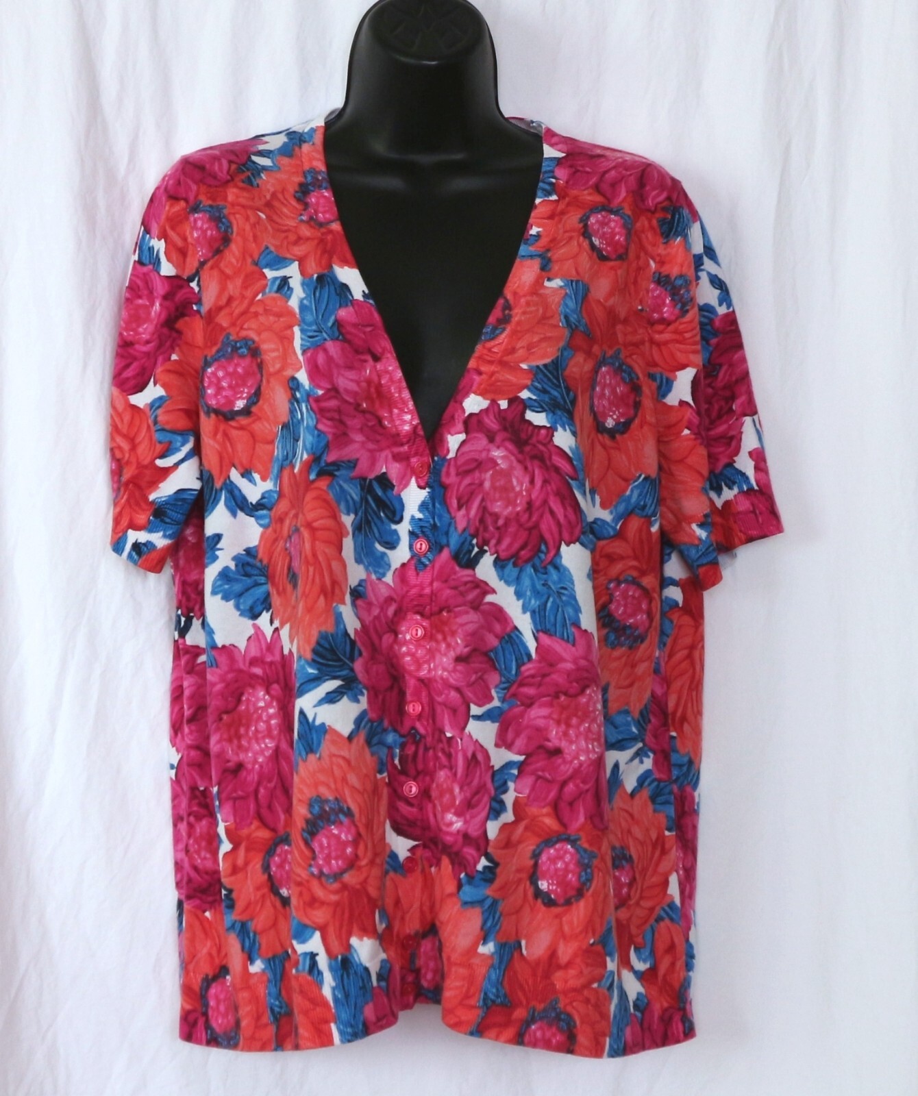 TALBOTS WOMAN Floral Print Ctn/Rayon V-Neck Short Slv Swtr 43 In Chest Sz 1X VG