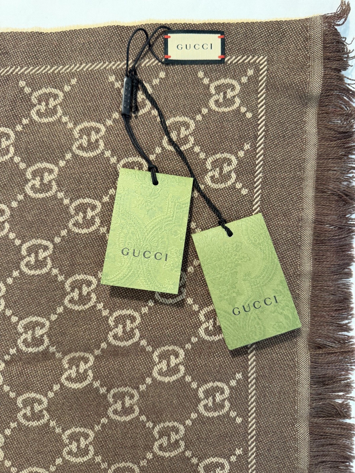 Gucci BRAND NEW Wool Scarf Light Brown ORIGINAL TAGS AND BOX – 48cm x 180cm