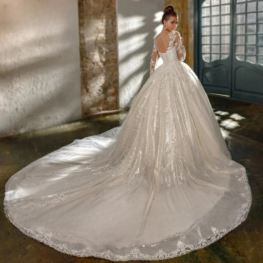 Long Sleeve Ballgown Wedding Dresses Sparkly Tulle Cathedral Train Bridal Gown