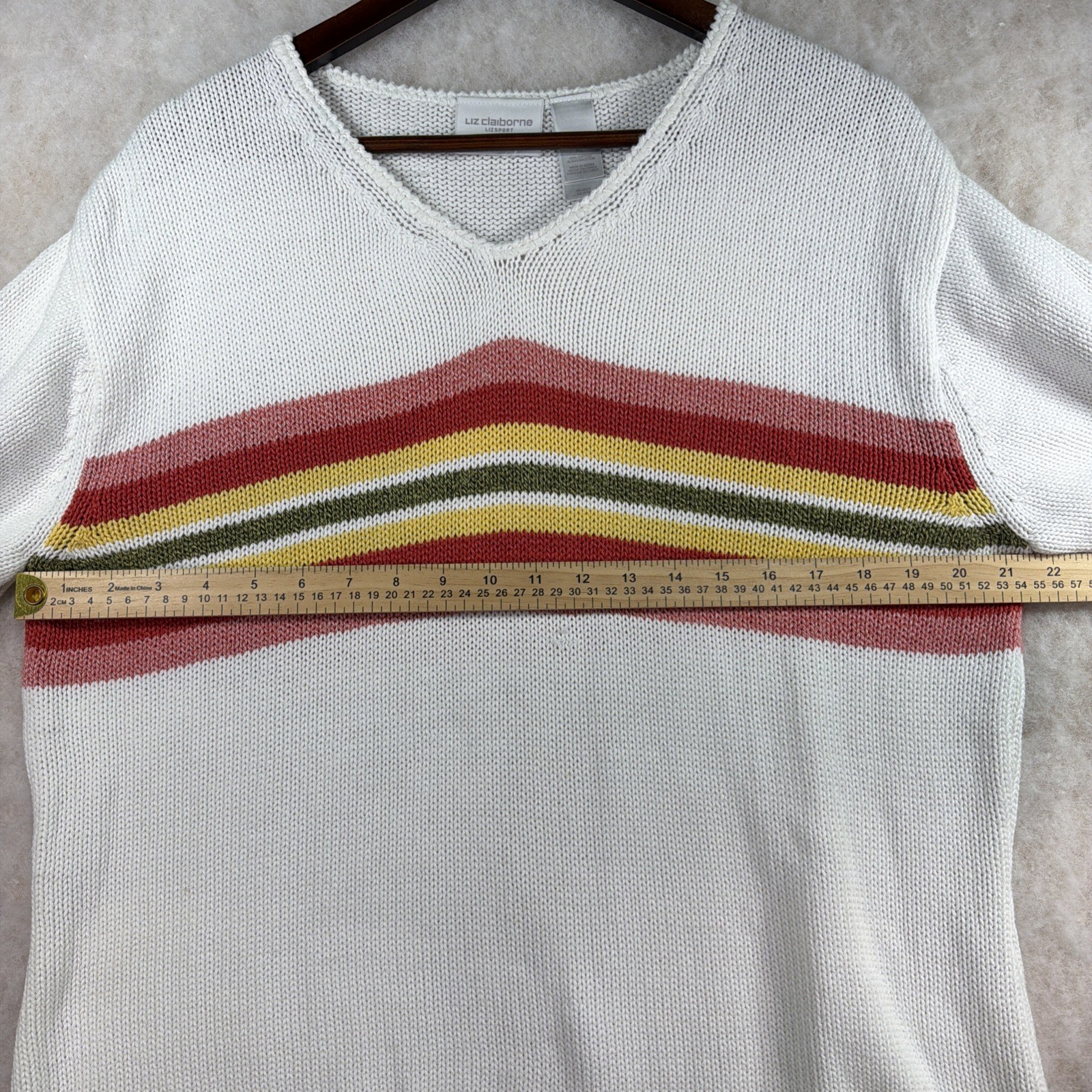 Liz Clairborne Short Sleeve Sweater White With Multi Color Stripes Size XL