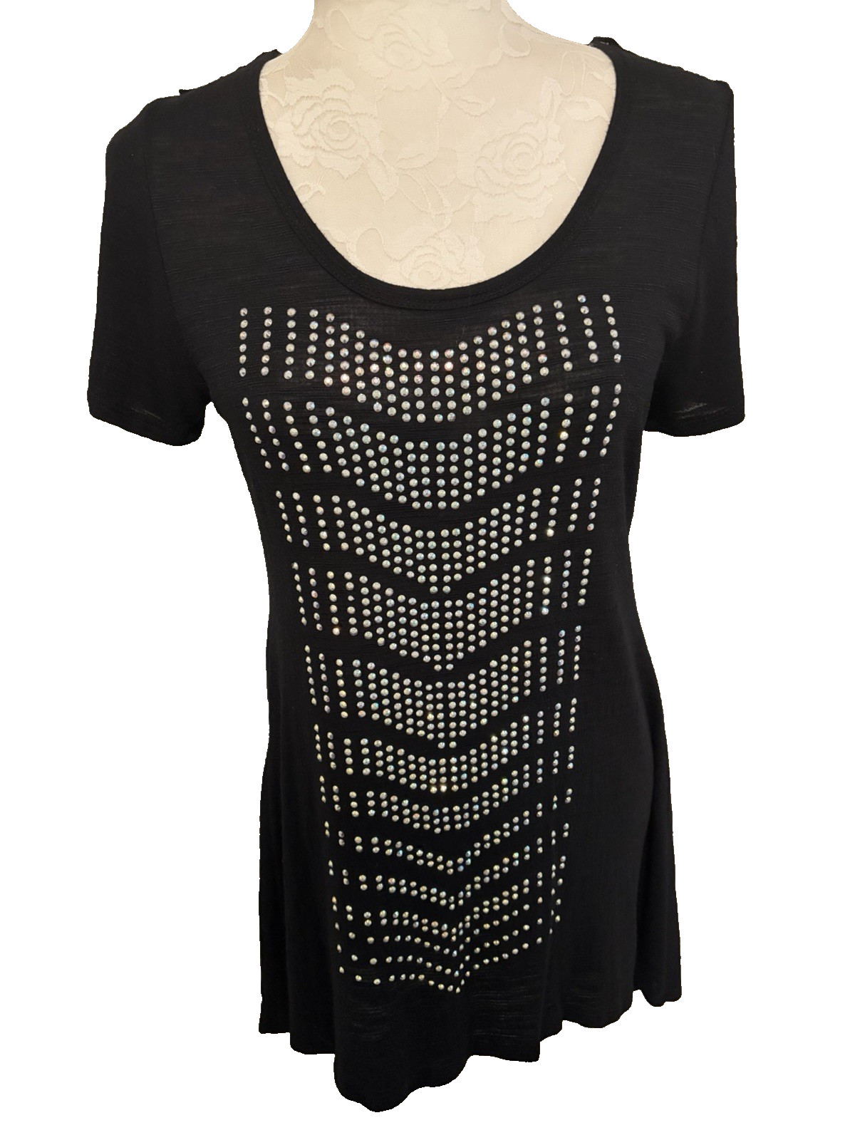 Vocal Black Knit Crystal Studded Tunic Top~ M~Hi Low Lace Back Whimsigoth Rocker