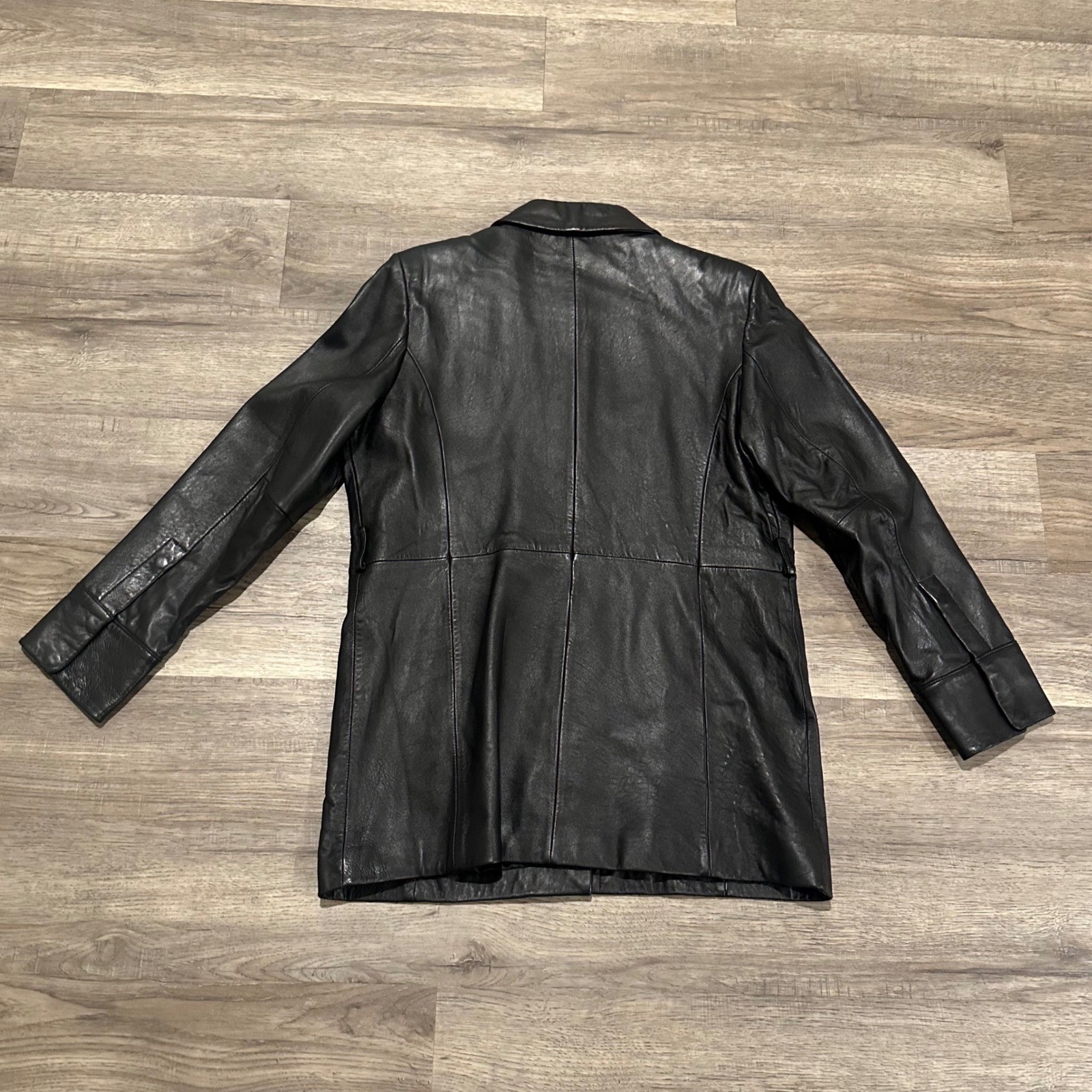 Kathy Ireland Black Genuine Leather Jacket Women M Vintage 90s Button Front