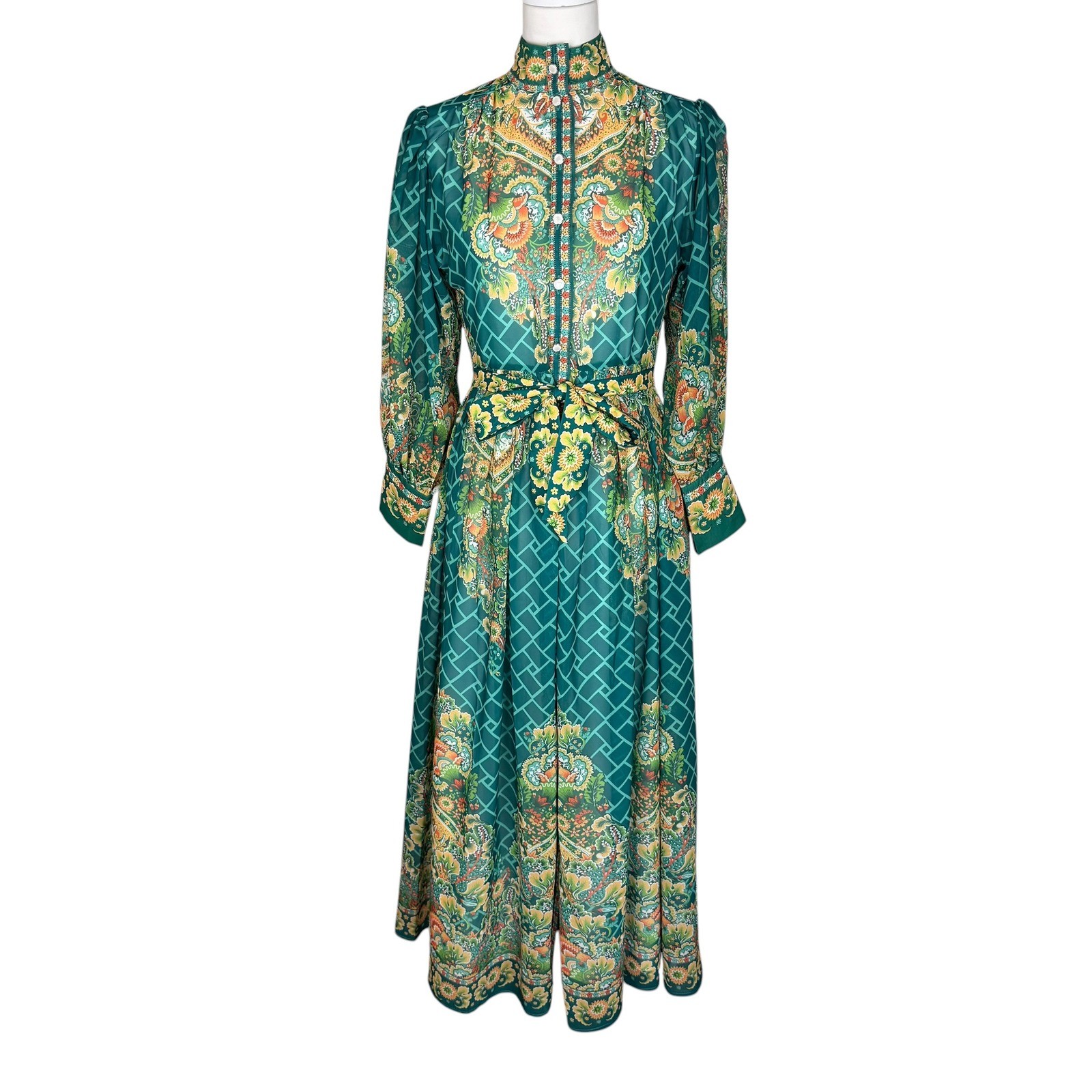 Dalia MacPhee Green Multi Floral Paisley Maxi Dress High Neck Puff Sleeve S New
