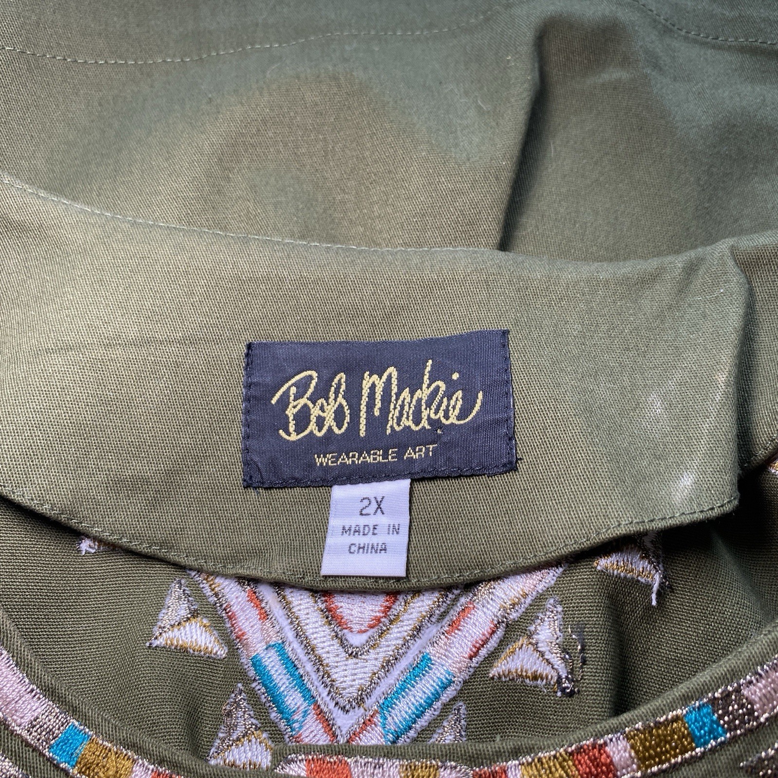 Bob Mackie Wearable Art Embroidered Southwestern Aztec Cotton Green Top 2X