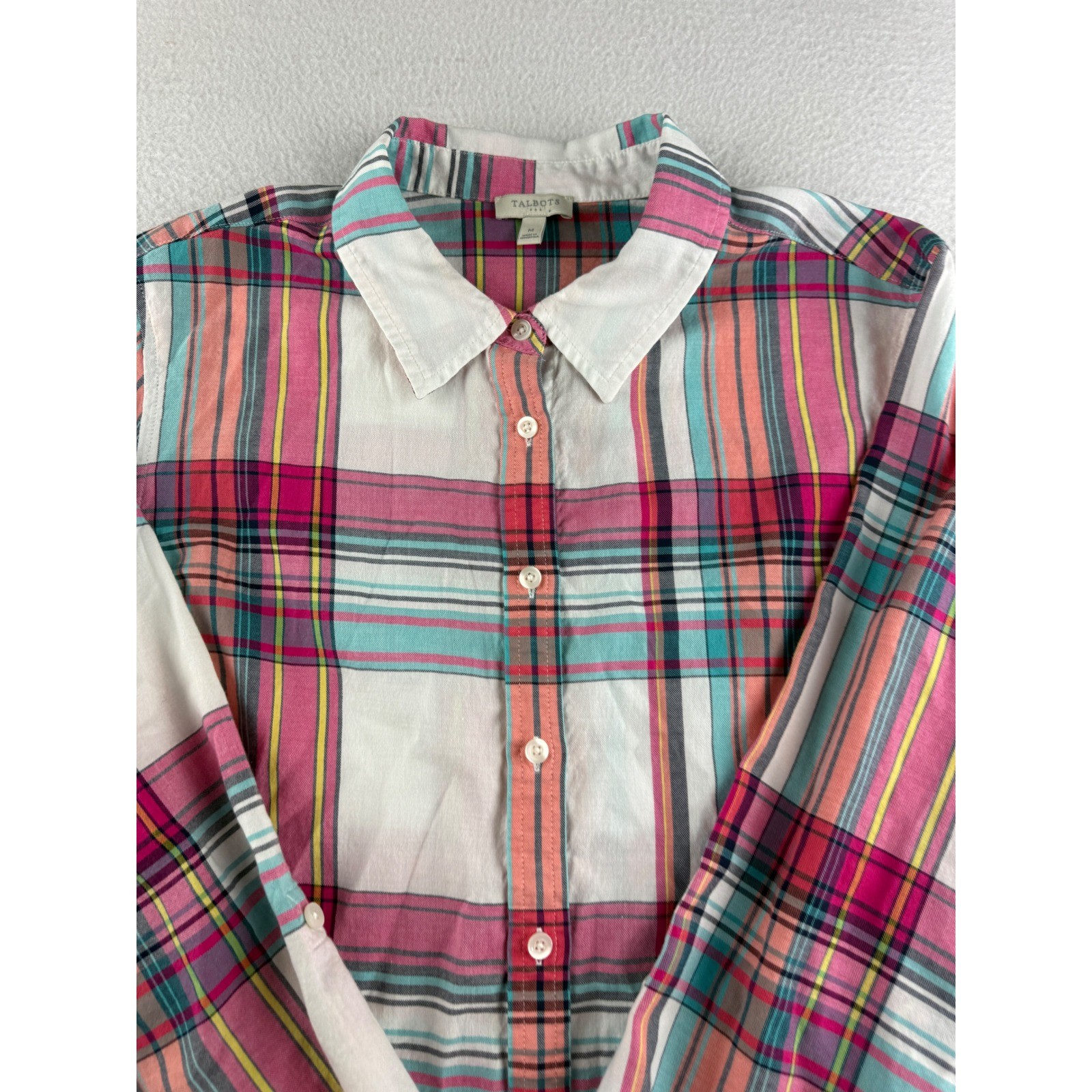 Talbots Womens Pink Teal Plaid Button Down Shirt Roll Tab Sleeve Size M