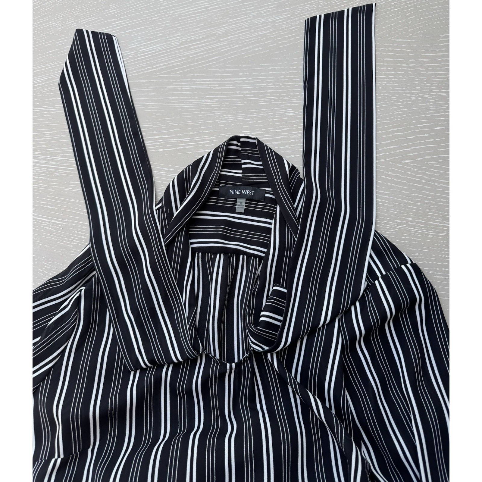 Nine West Women XL Black White Striped Draped Open Front Blouse Top