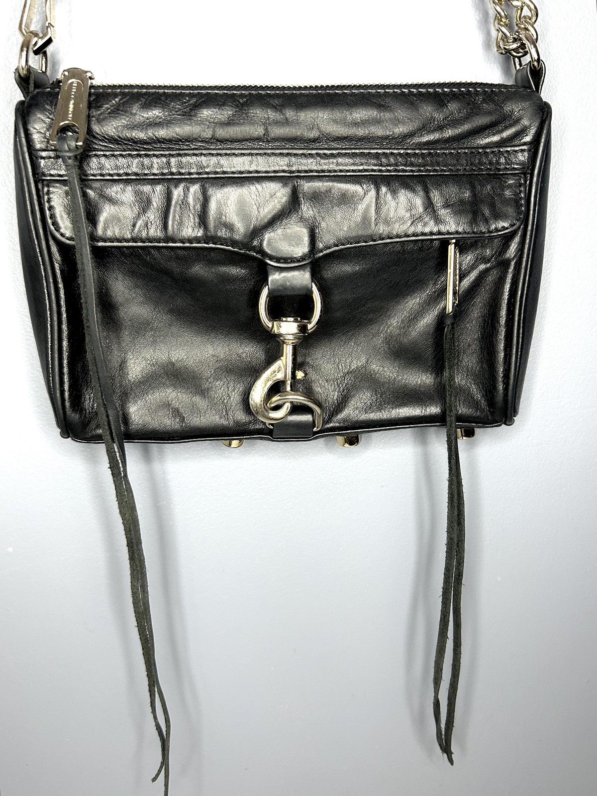 Rebecca Minkoff Purse Mini MAC Crossbody Clutch Bag Black Leather Chain Strap