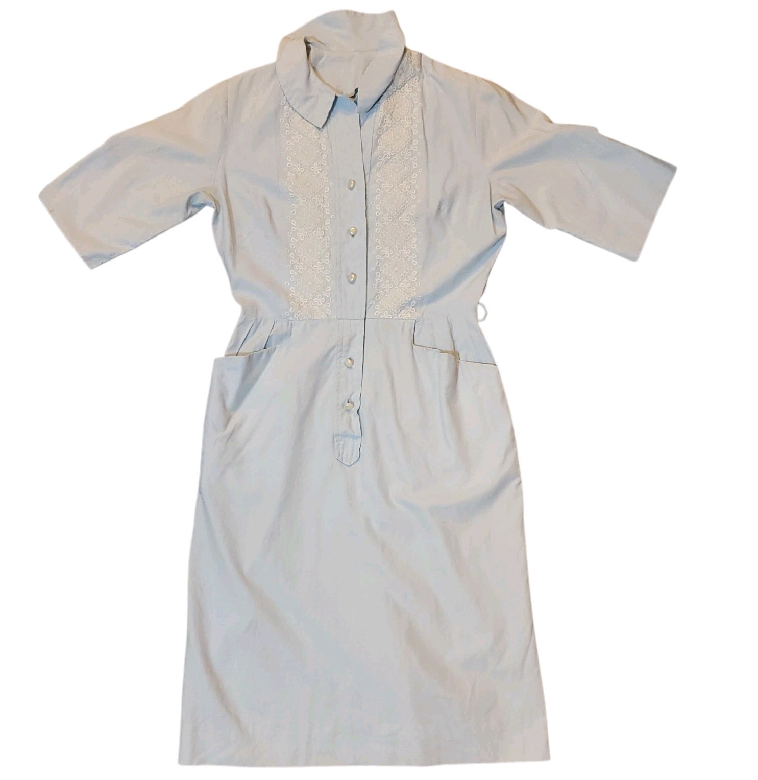 Vintage 40s/50s Light Pastel Blue Dress Collar Button Short Sleeve Knee Length