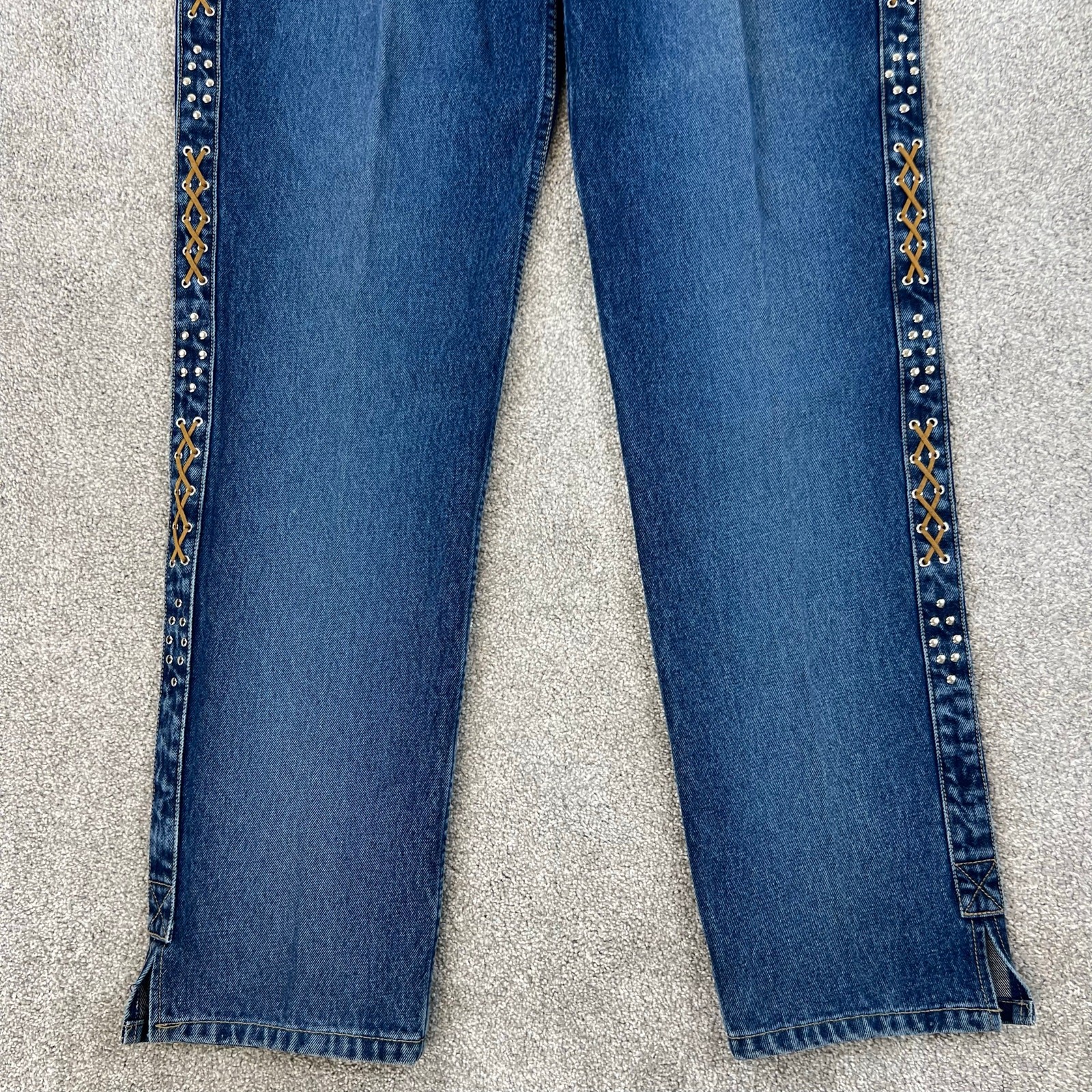 Vintage Lawman Western Bareback Studded Criss Cross Leather Denim Jeans (Sz 36)