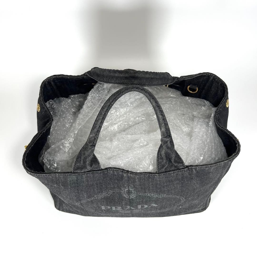 PRADA Canapa Canvas Tote Bag Gray Black Denim 2Way Shoulder Large Capacity