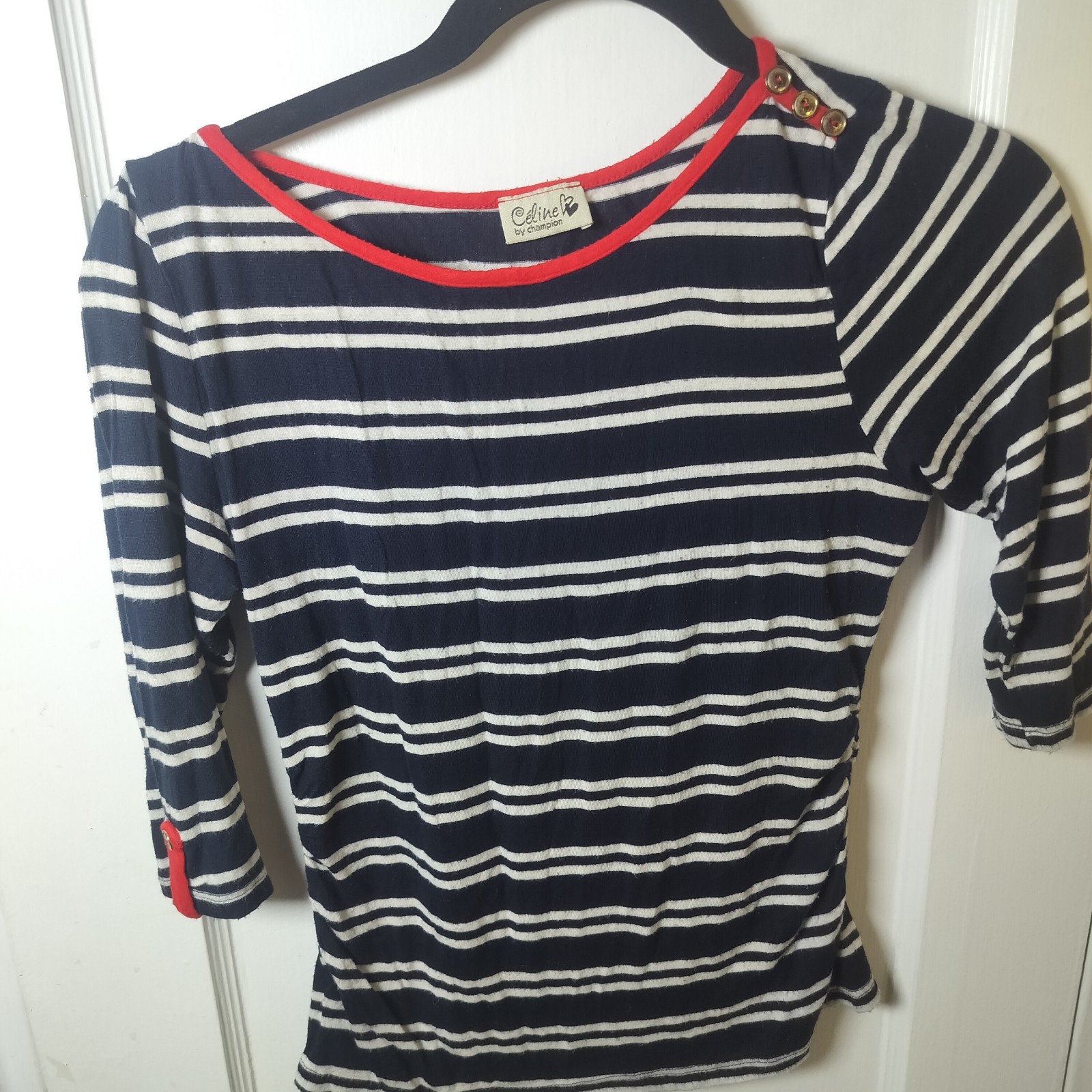 CELINE BY CHAMPION NAVY WHITE STRIPED BOAT NECK TOP RED TRIM BUTTON 3/4 SLEEVE