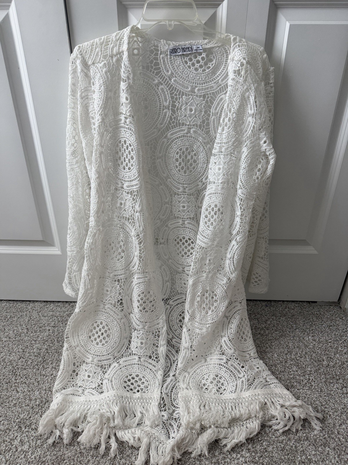 Retro Threads Boho Crochet Fisherman Artsy Festival Kimono White Size M