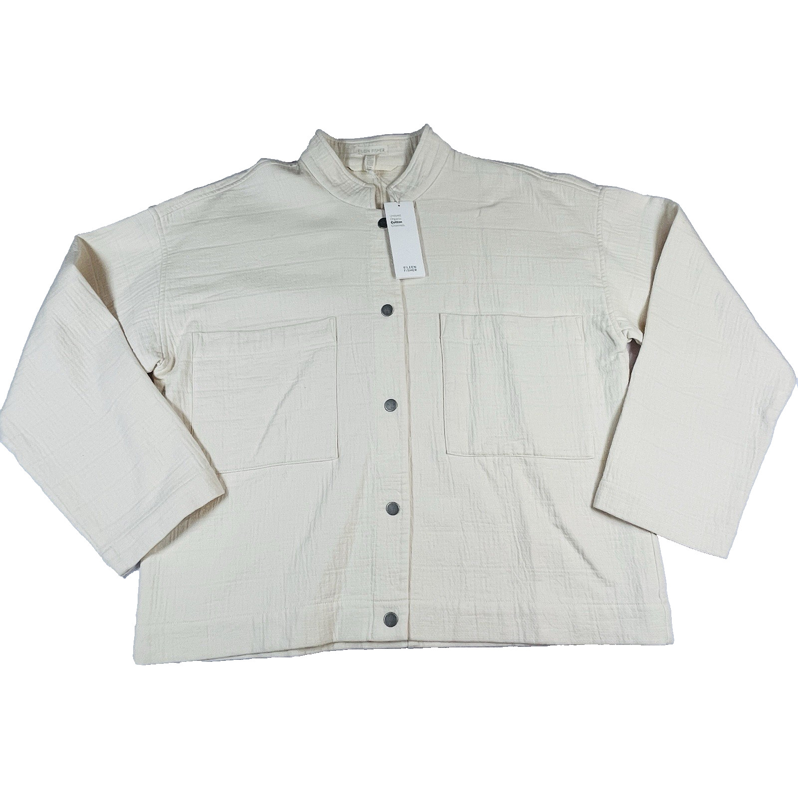 NWT Eileen Fisher Jacket S/M Undyed ECRU Organic Cotton Channels Boxy Mandarin
