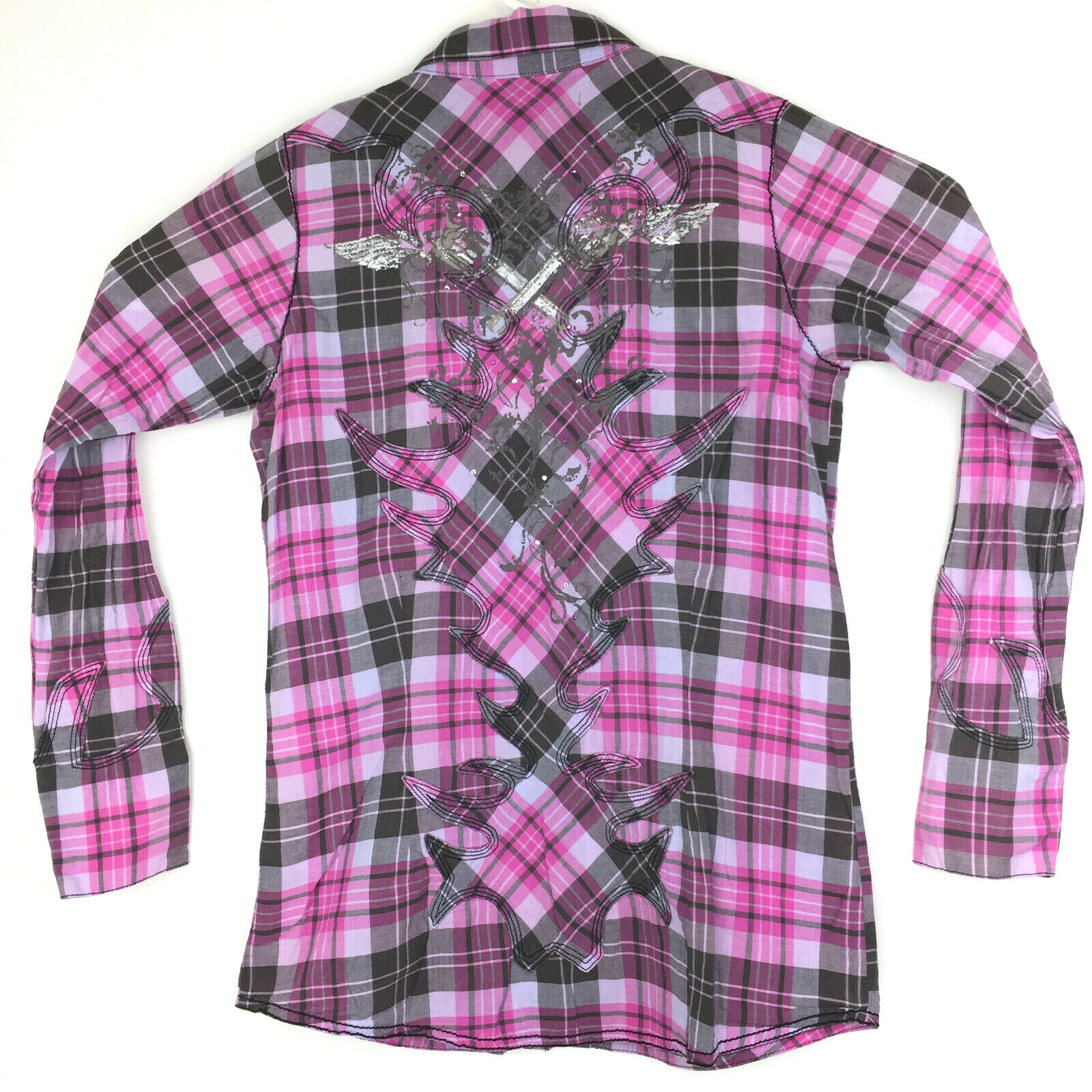 Wrangler Rock 47 Womens Medium M Purple Rhinestone Pearl Snap Western Shirt 38″