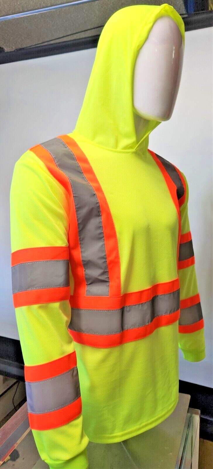 Class 3 Yellow Long Sleeve Safety Shirt With Hoodie, Polyester Birdeye mesh