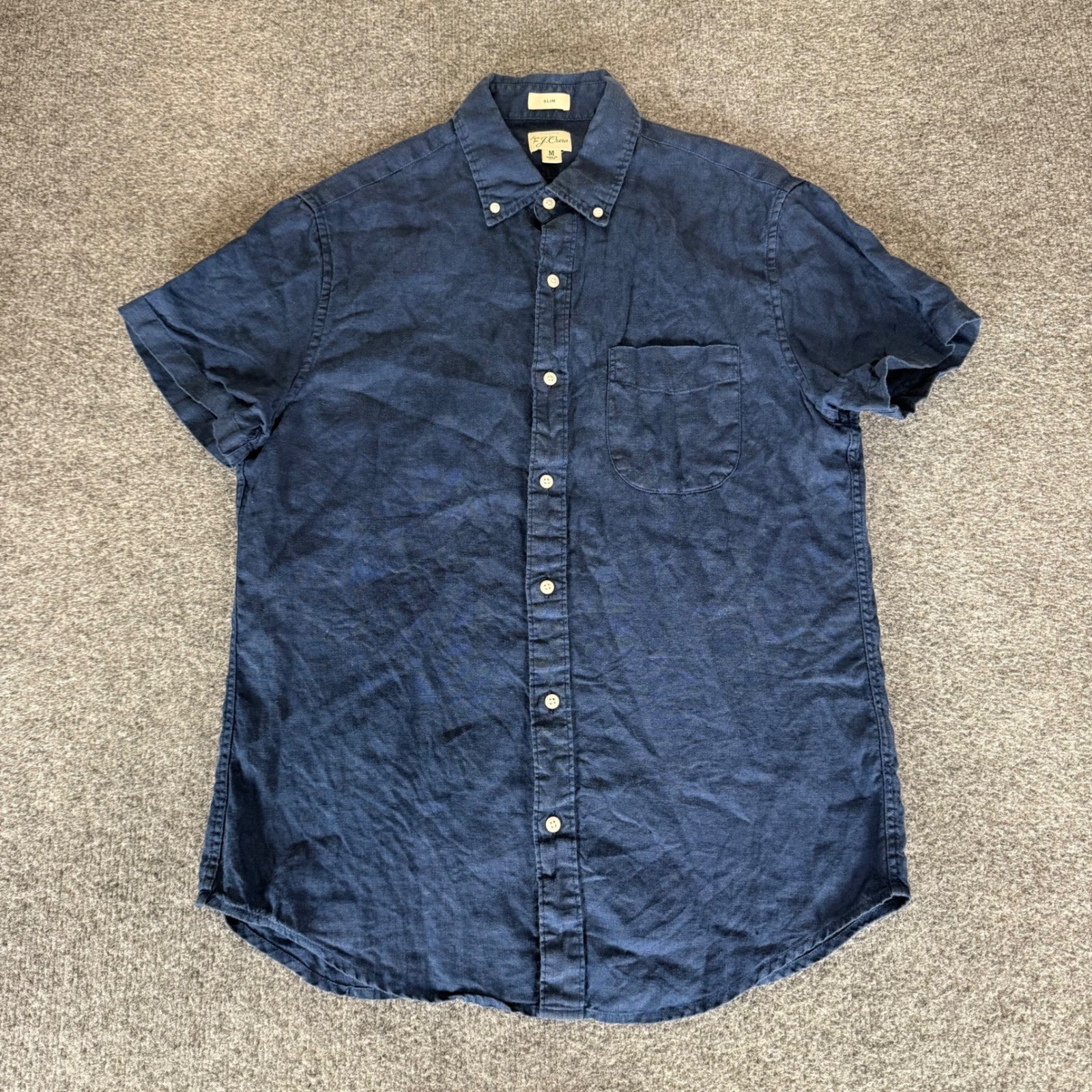 J.Crew Mens Medium Slim Baird McNutt Irish Linen Short Sleeve Button Down Navy